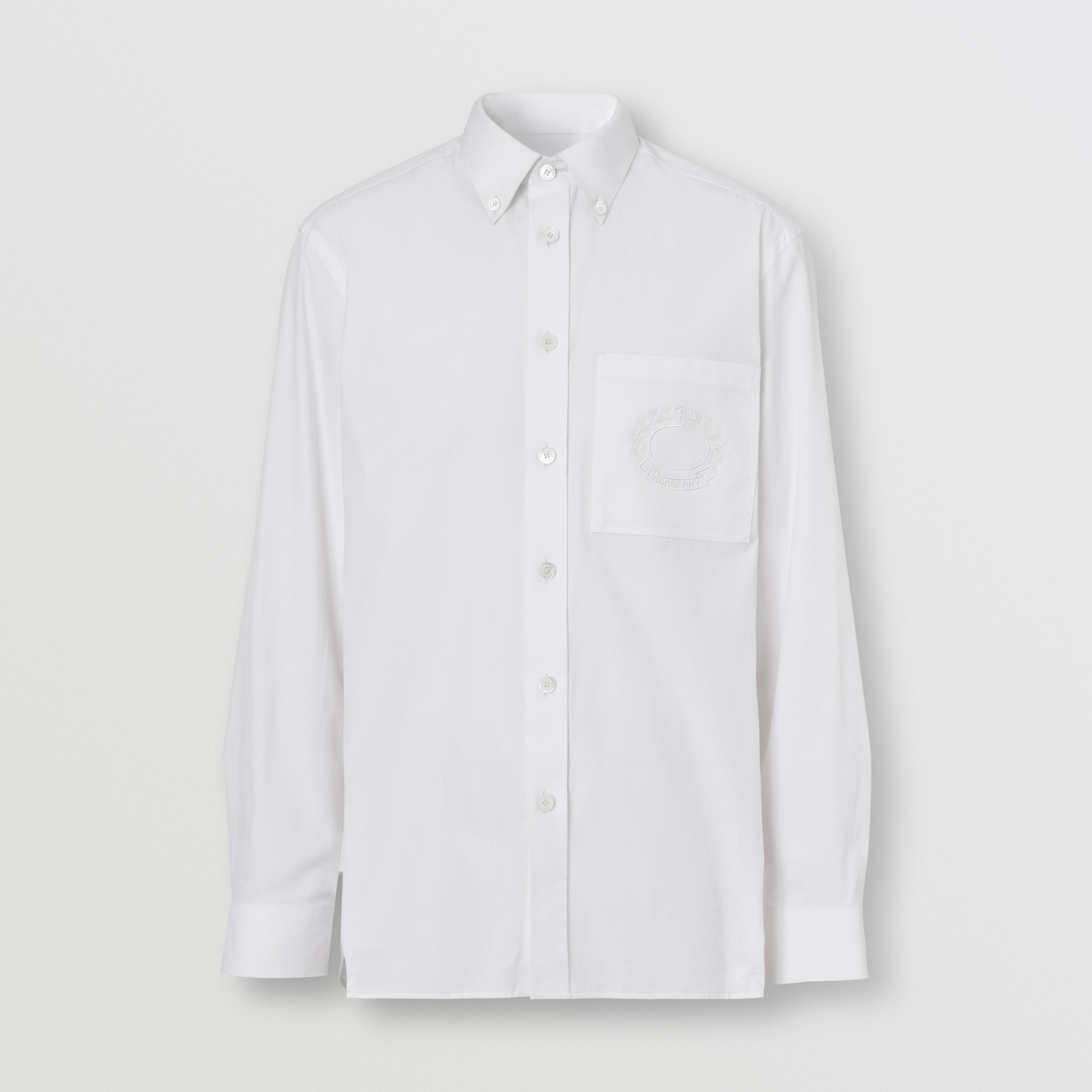 Embroidered Oak Leaf Crest Stretch Cotton Shirt in Optic White - Men | Burberry® Official - 4
