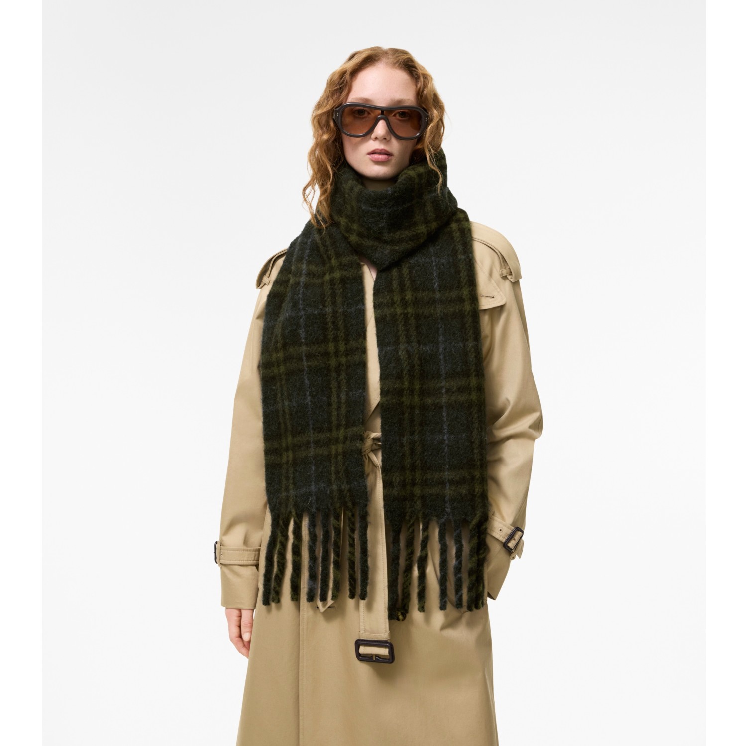 Narrow Check Alpaca Wool Blend Scarf