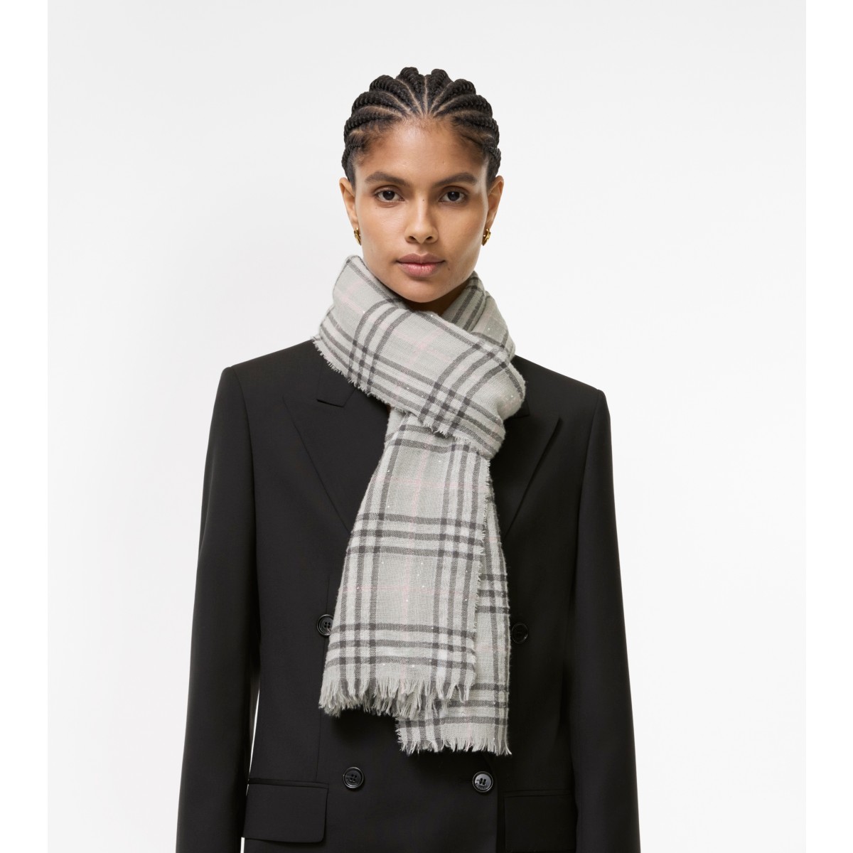  Check Wide Embellished Wool Silk Blend Scarf