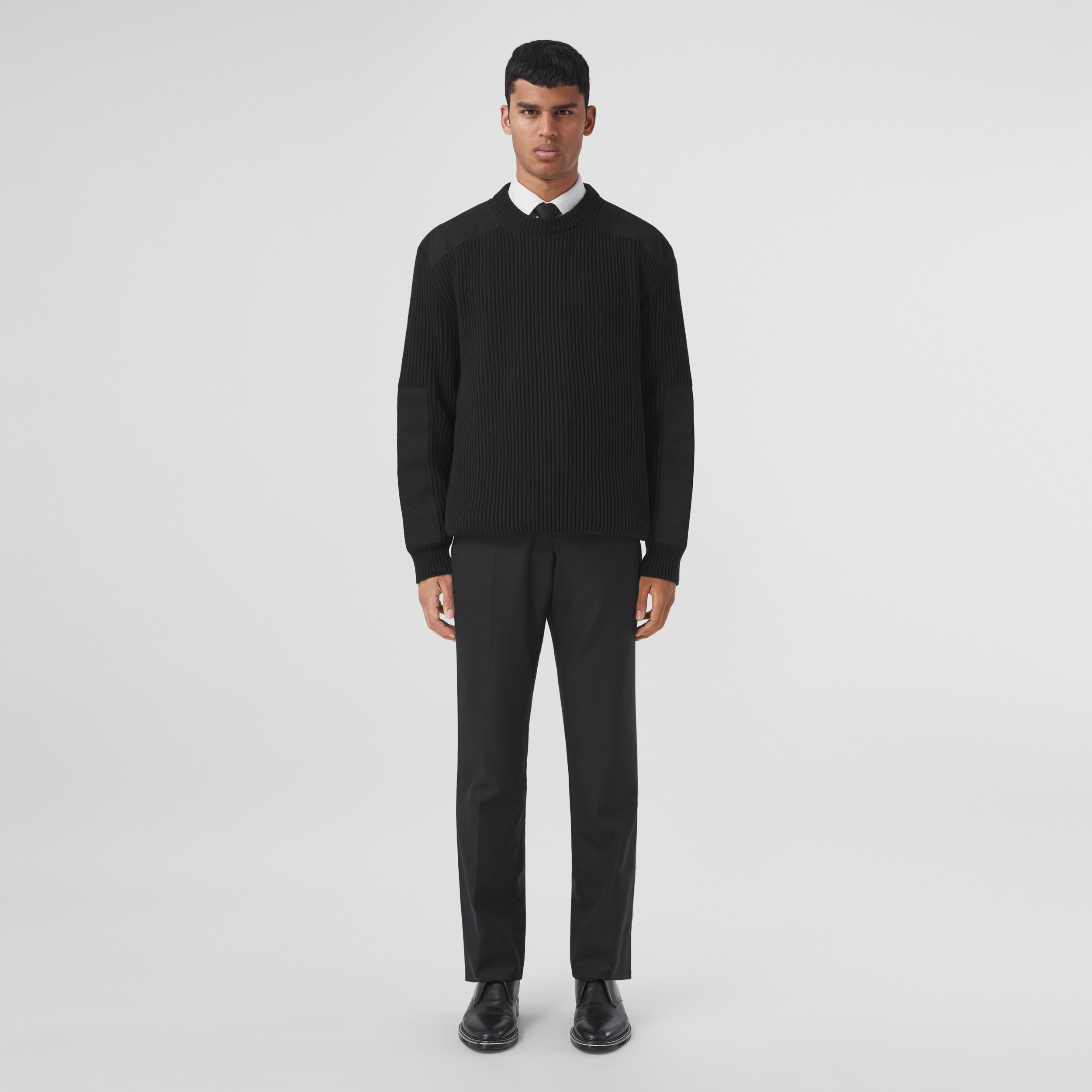 Contrast Panel Rib Knit Wool Cotton Sweater in Black - Men | Burberry® Official - 1