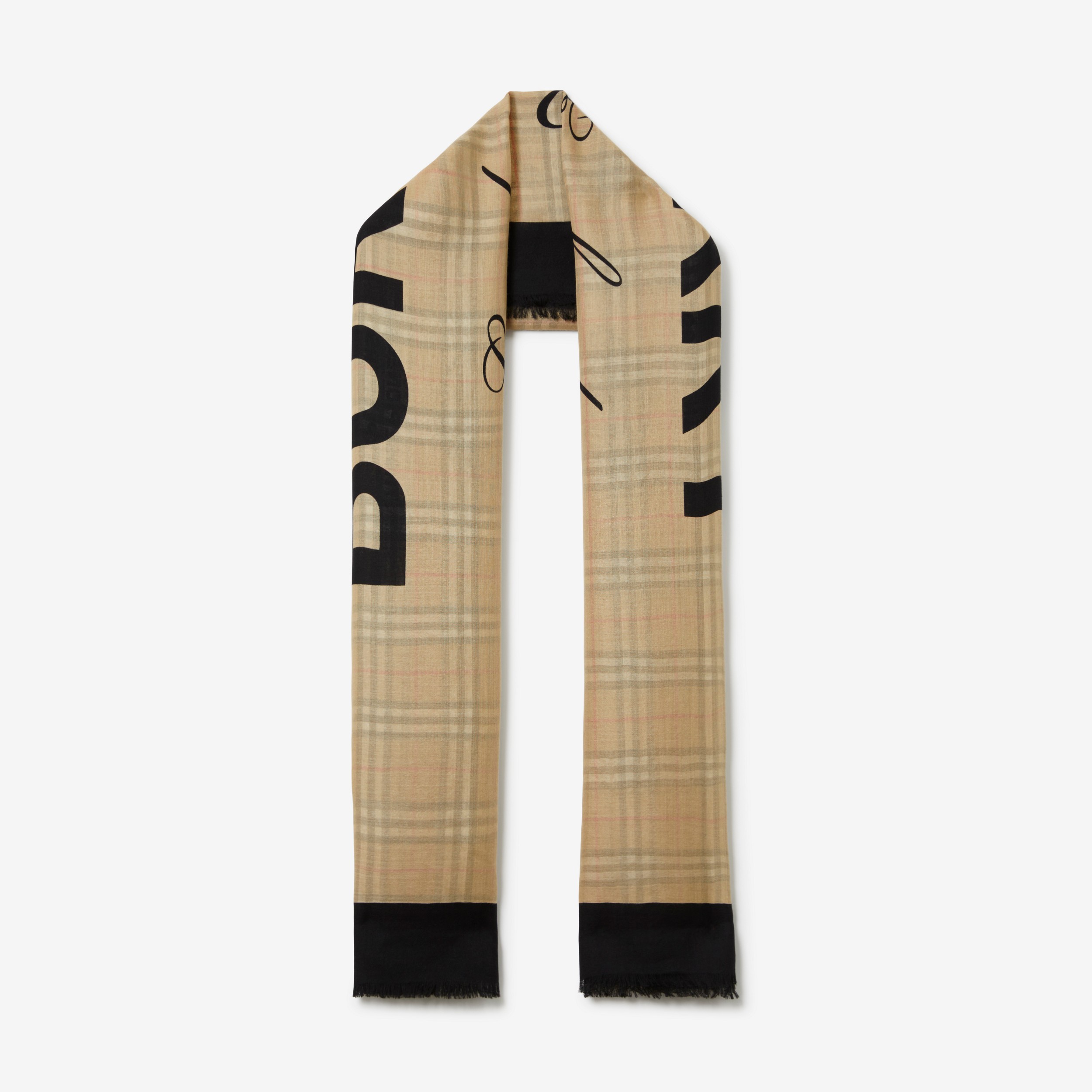 Sciarpa leggera in lana e seta con collage di stampe (Beige Miele) | Sito ufficiale Burberry® - 1
