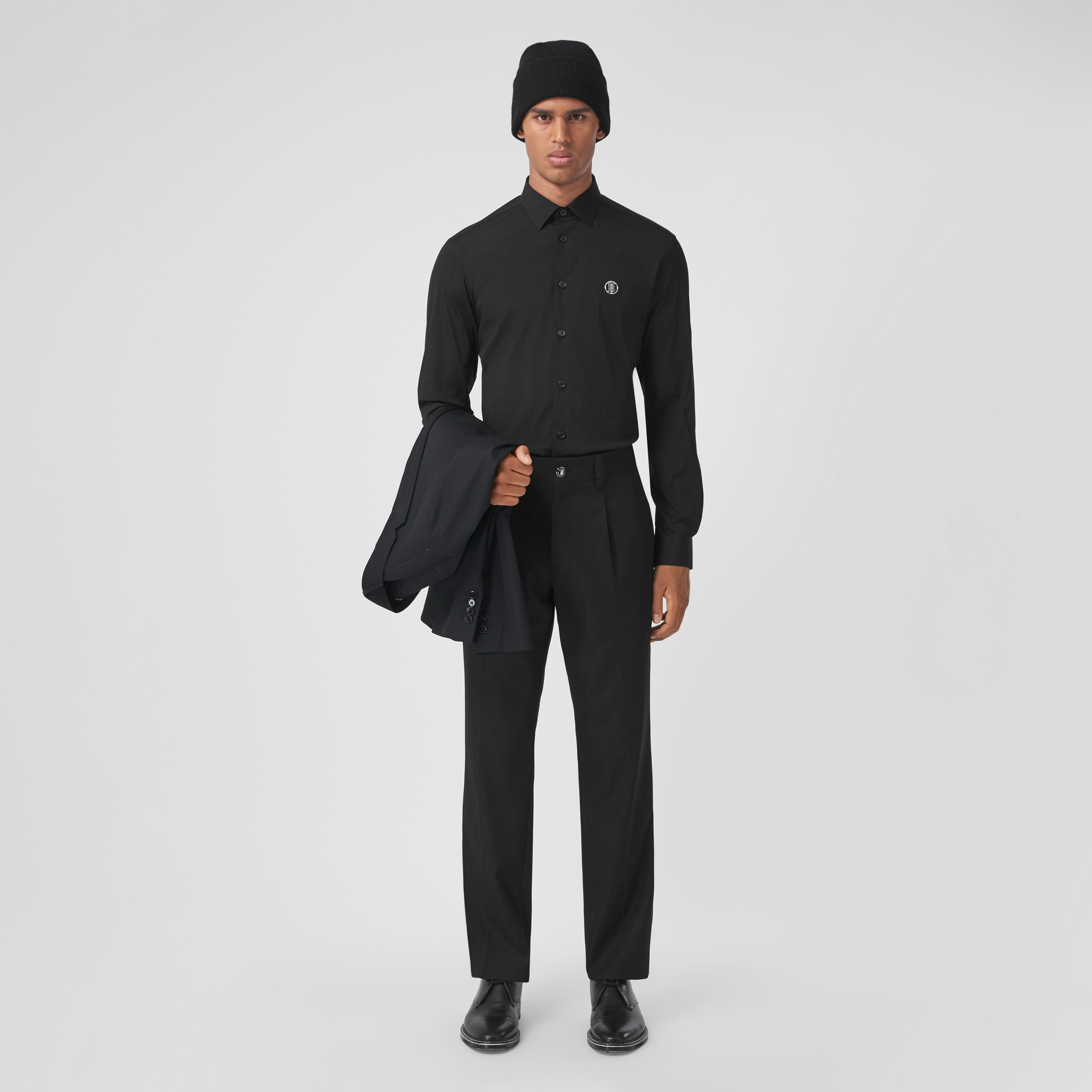 Monogram Motif Stretch Cotton Blend Shirt in Black - Men | Burberry® Official - 1