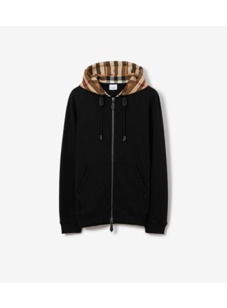 Check Hood Cotton Blend Zip Hoodie in Black birch brown Men