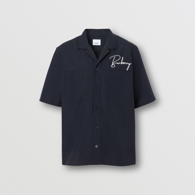 Burberry Short-sleeve Embroidered Logo Cotton Shirt In Coal Blue