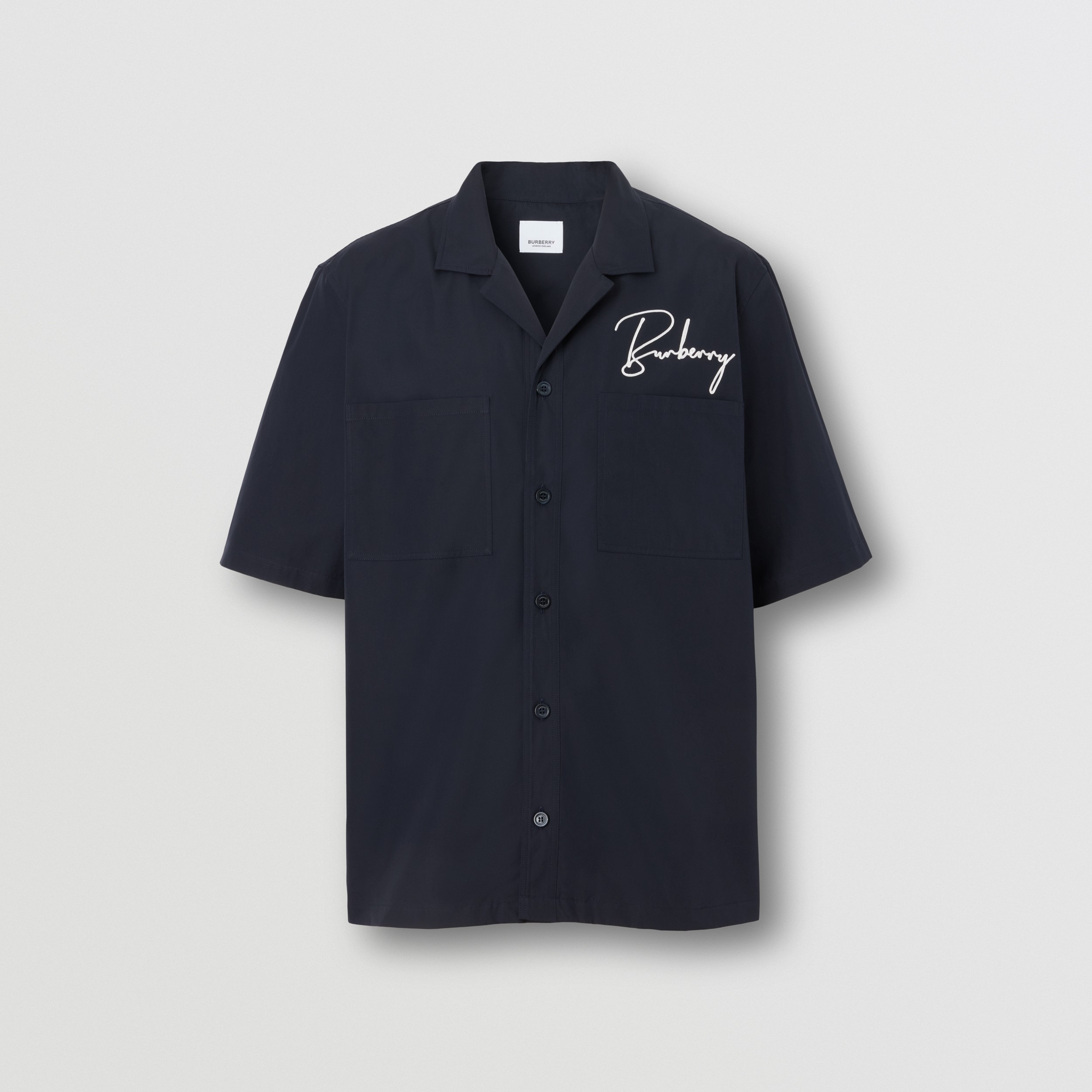 Short-sleeve Embroidered Logo Cotton Shirt in Coal Blue - Men | Burberry® Official - 4