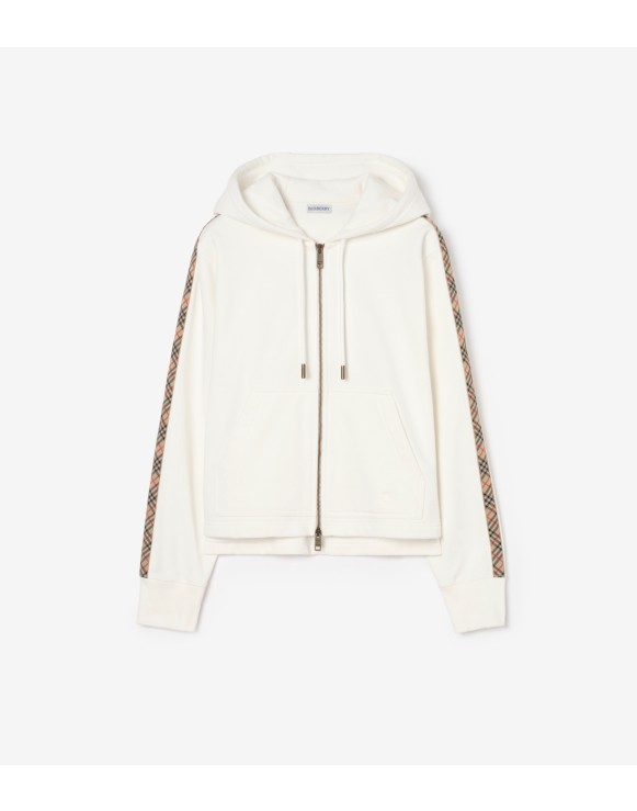 Felpa in cotone con cappuccio, cerniera e finiture Check