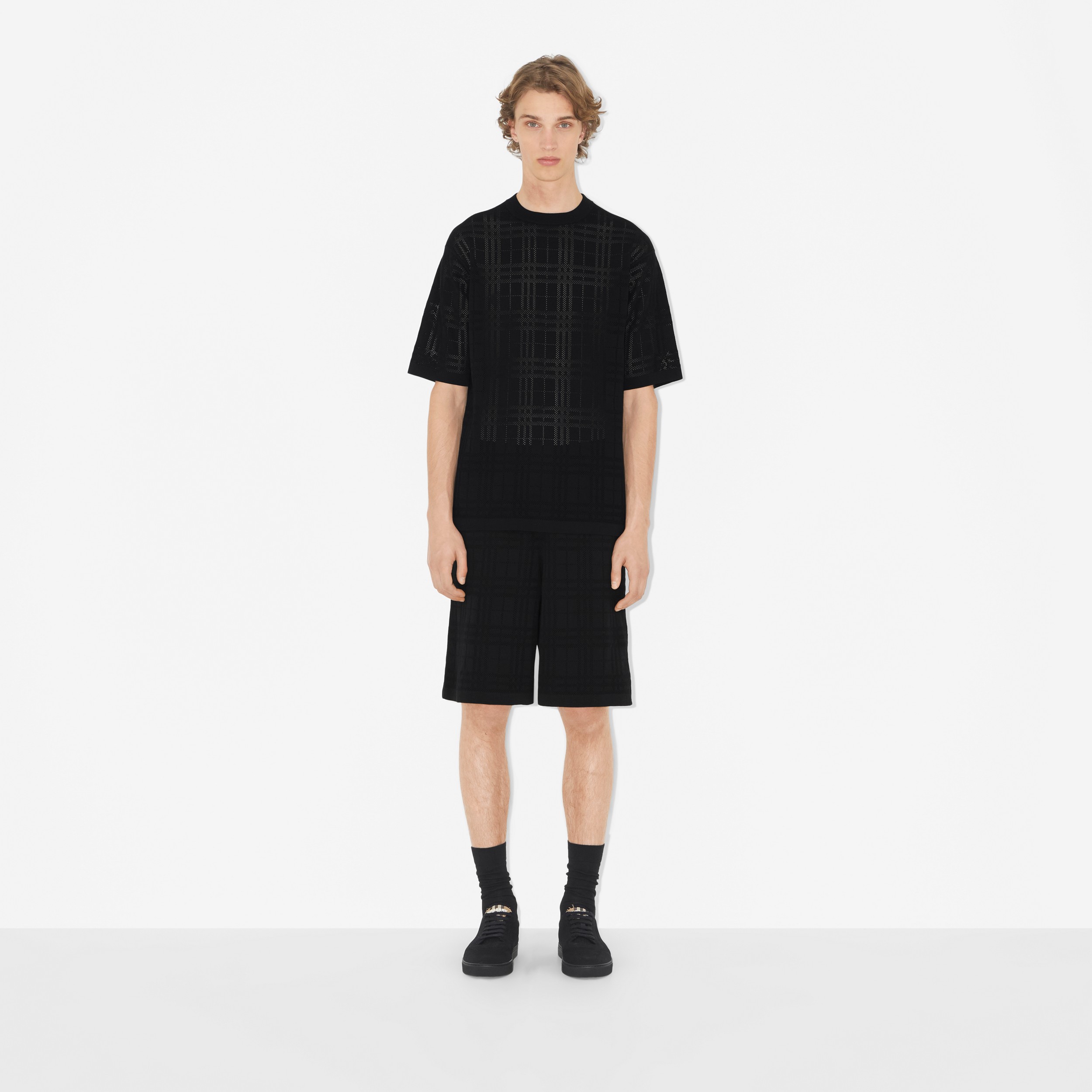 Check Technical Cotton Oversized T-shirt in Black - Men | Burberry® Official - 2