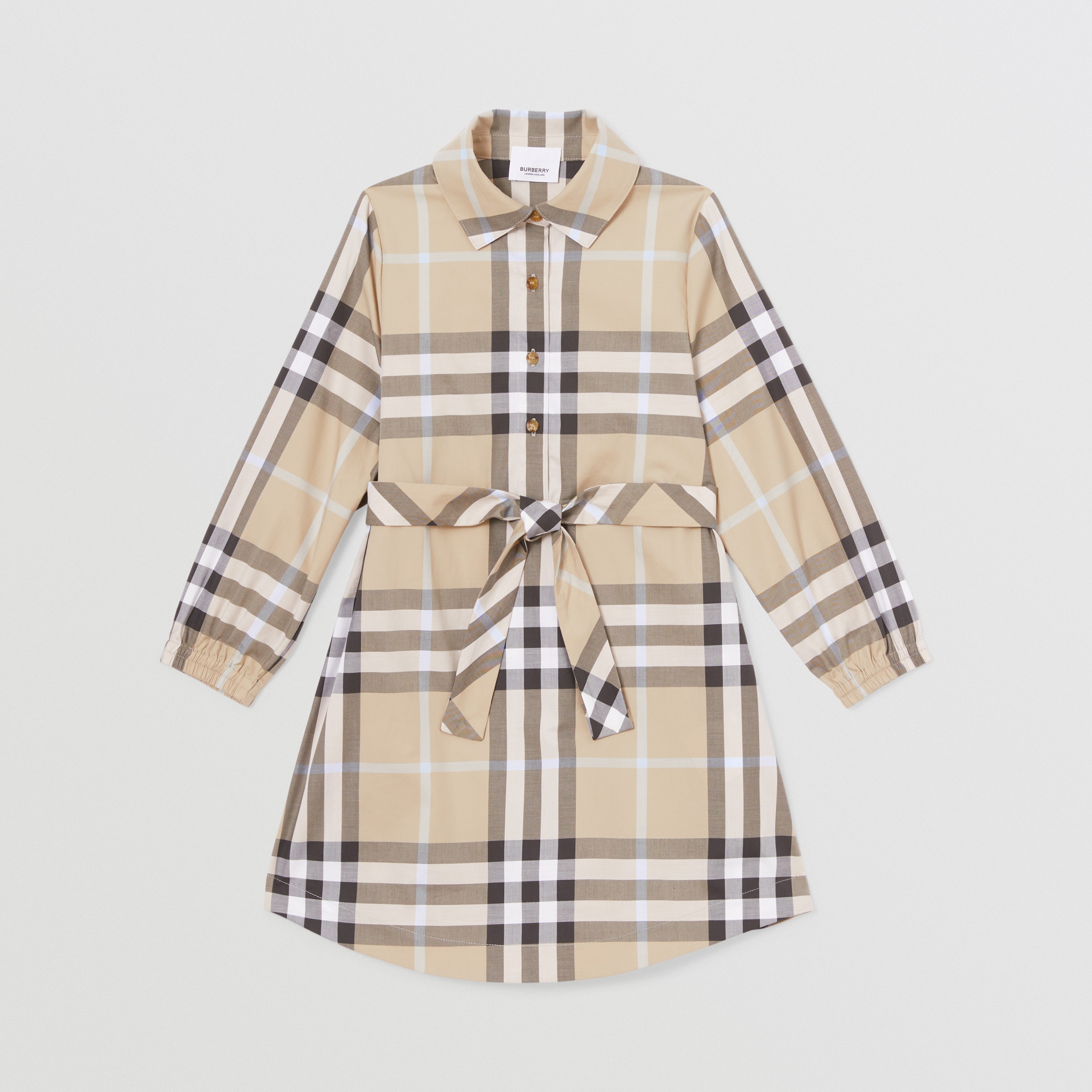 Check Stretch Cotton Tie-waist Shirt Dress in Pale Sand | Burberry® Official - 1