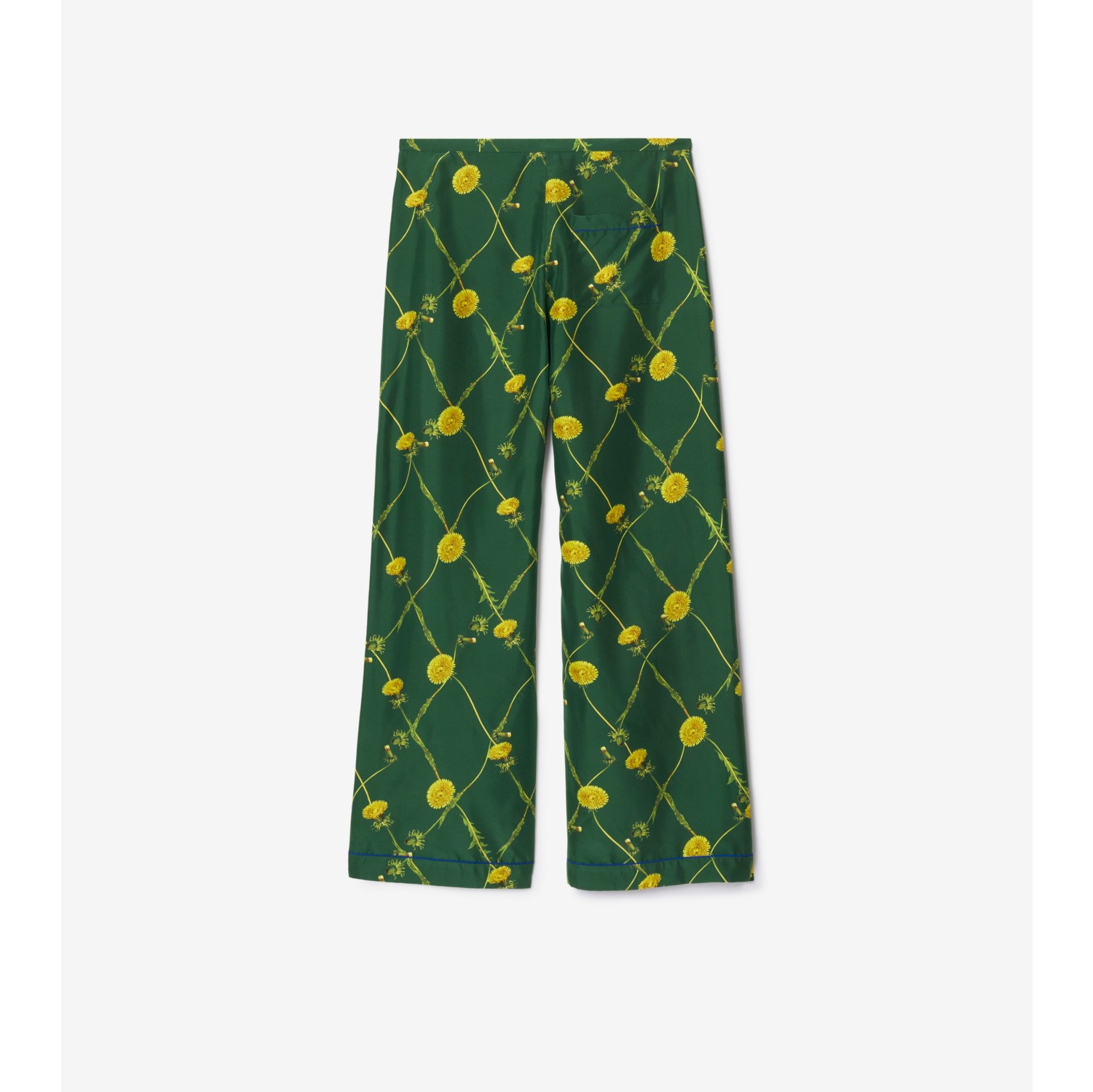 Calças estilo pijama de seda com estampa de flor dente-de-leão