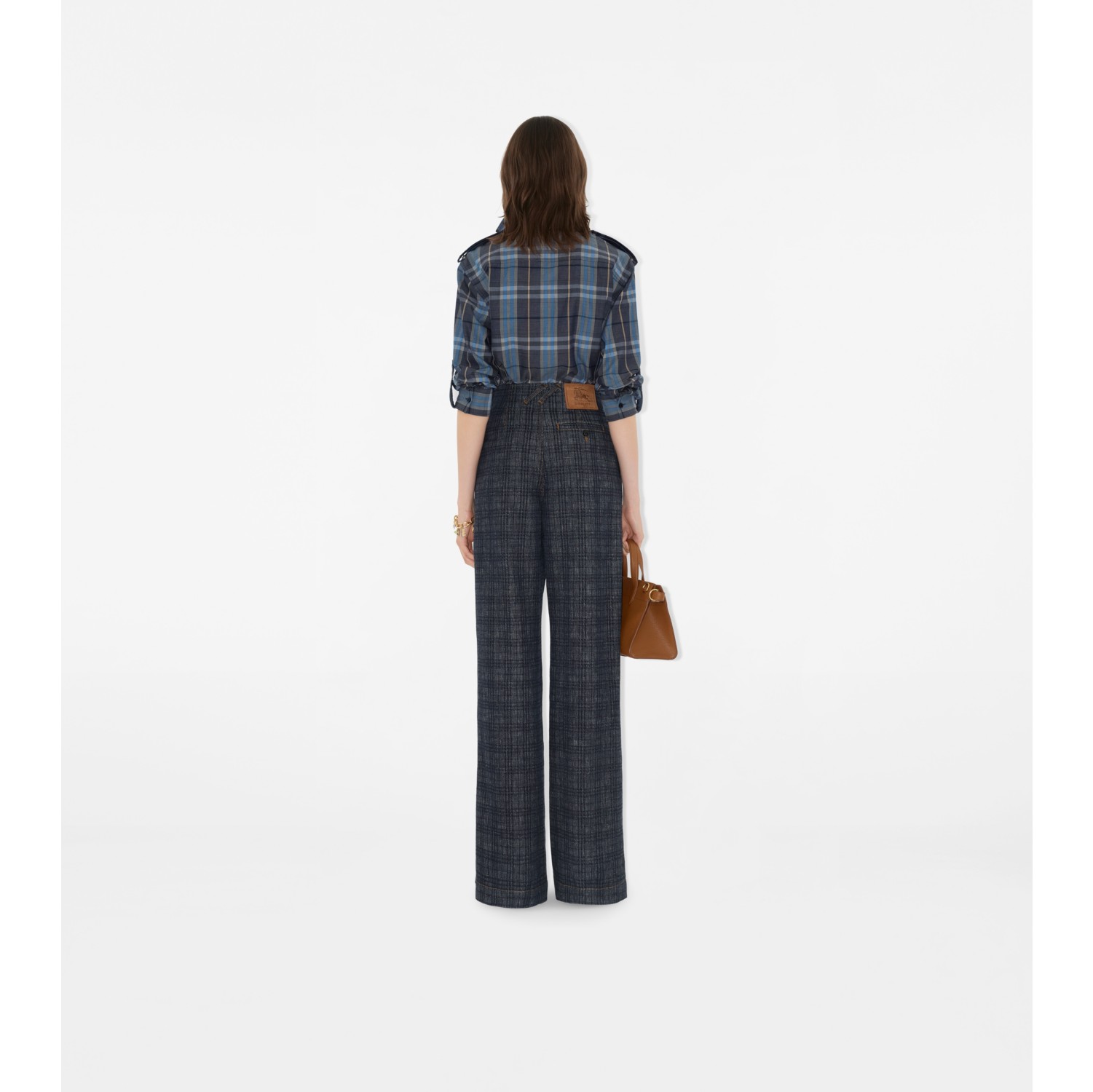 High Rise Wide Check Denim Jeans