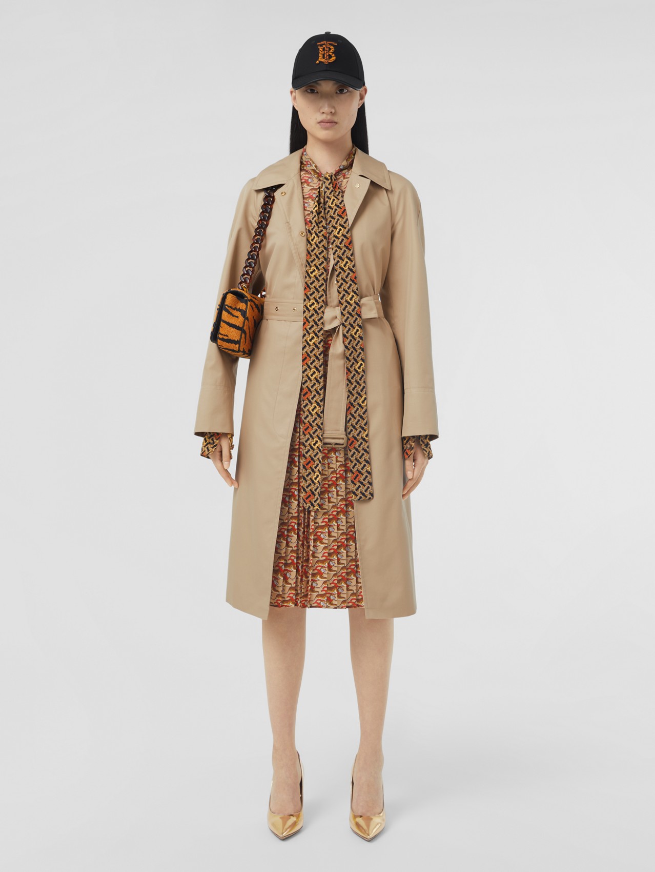 Tiger Print-lined Cotton Gabardine Belted Car Coat in Soft Fawn