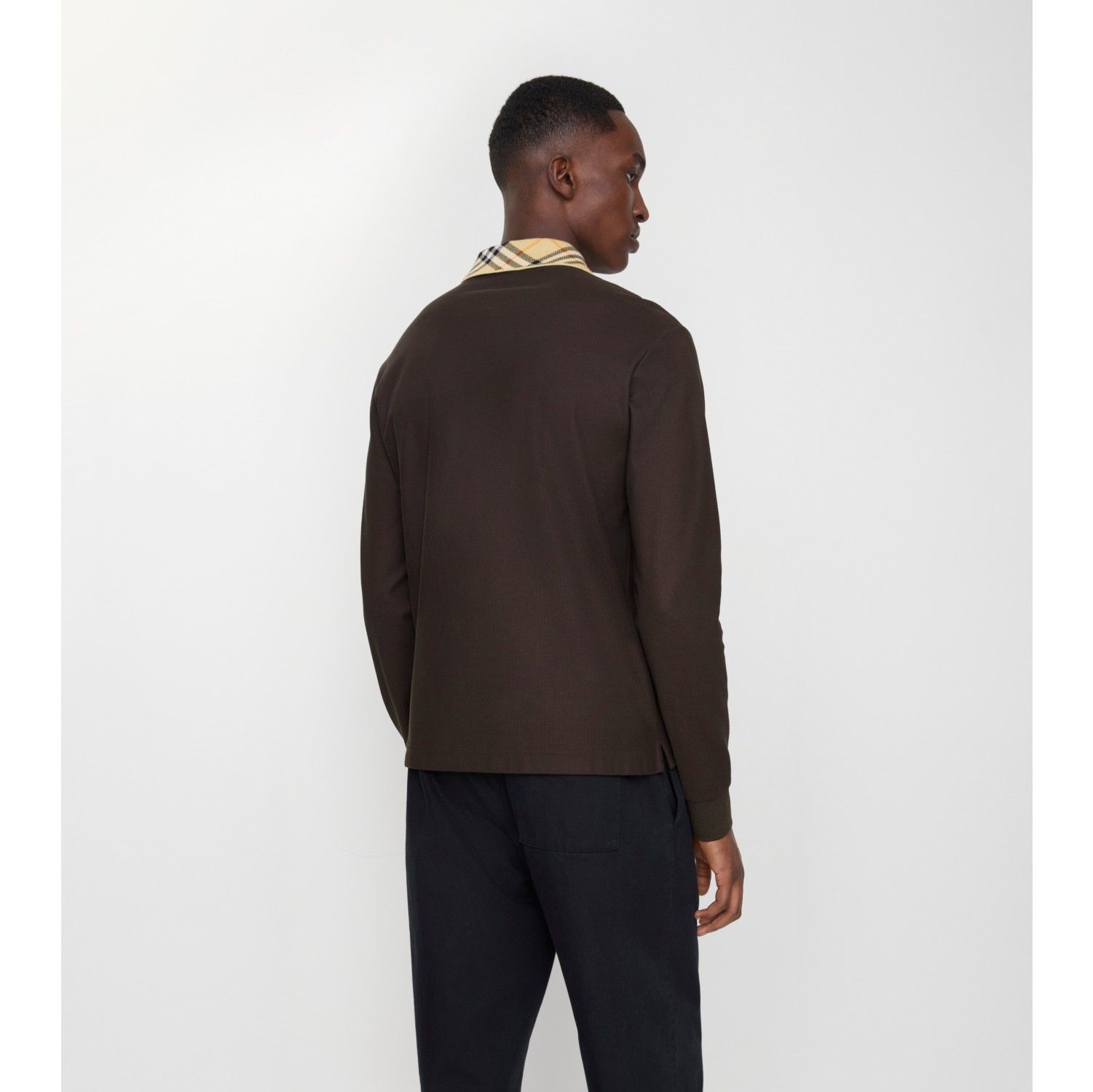 Long-sleeve Check Collar Cotton Polo Shirt