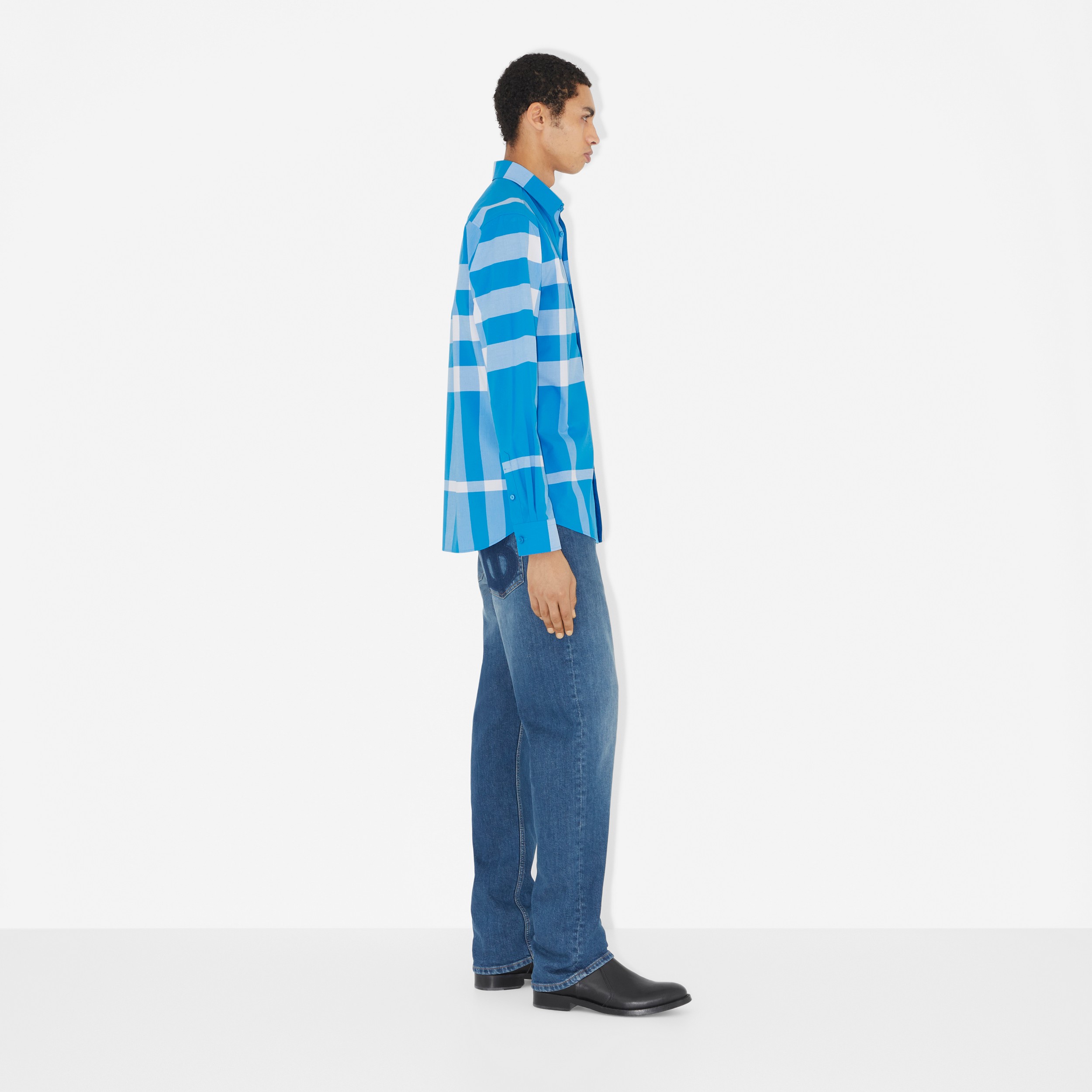Camicia in popeline di cotone stretch con motivo tartan (Blu Intenso) - Uomo | Sito ufficiale Burberry® - 3