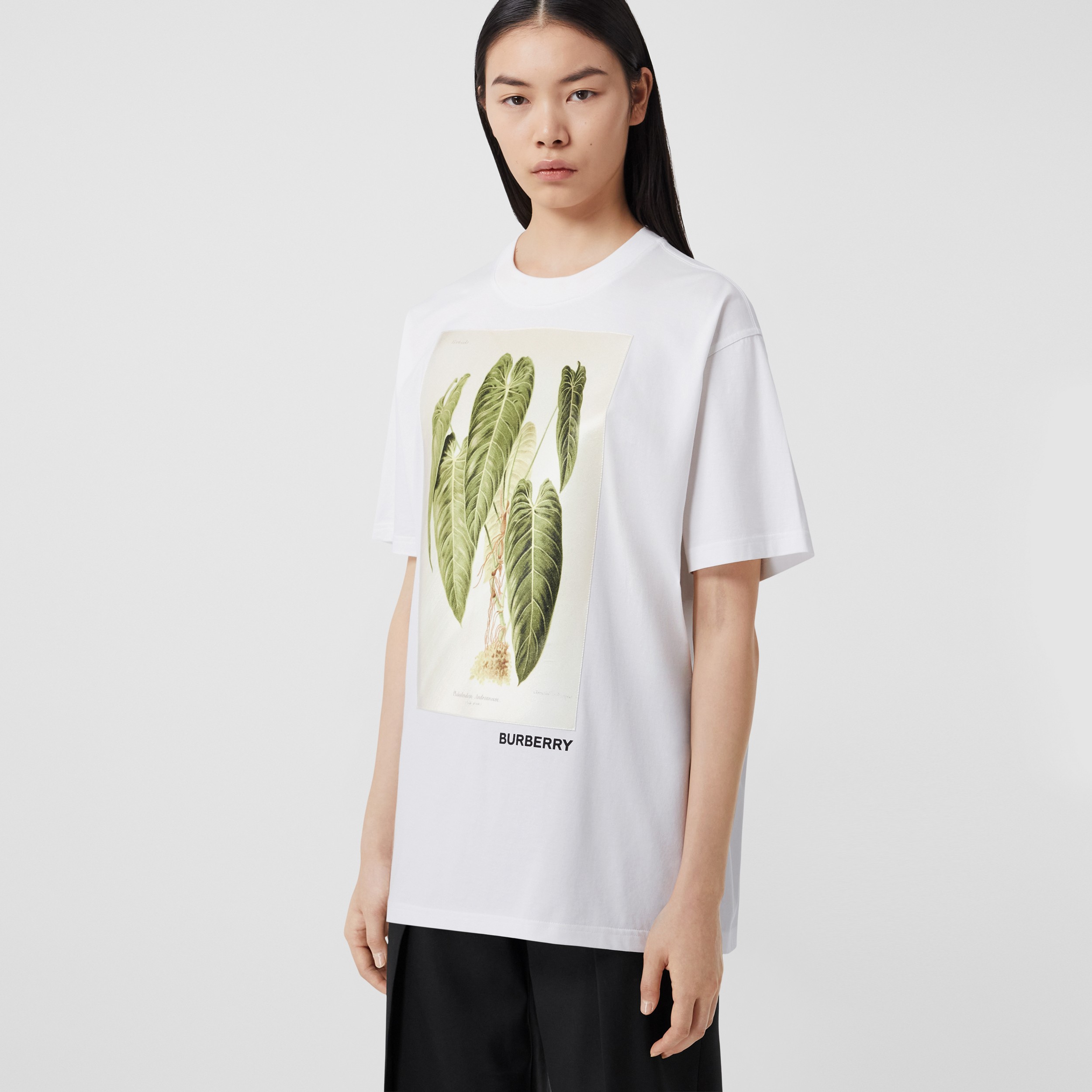 Botanical Sketch Print Cotton Oversized T-shirt in White - Women | Burberry® Official - 1