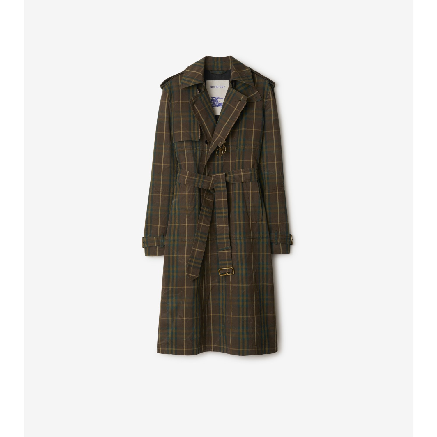 Langer Baumwoll-Trenchcoat in Check