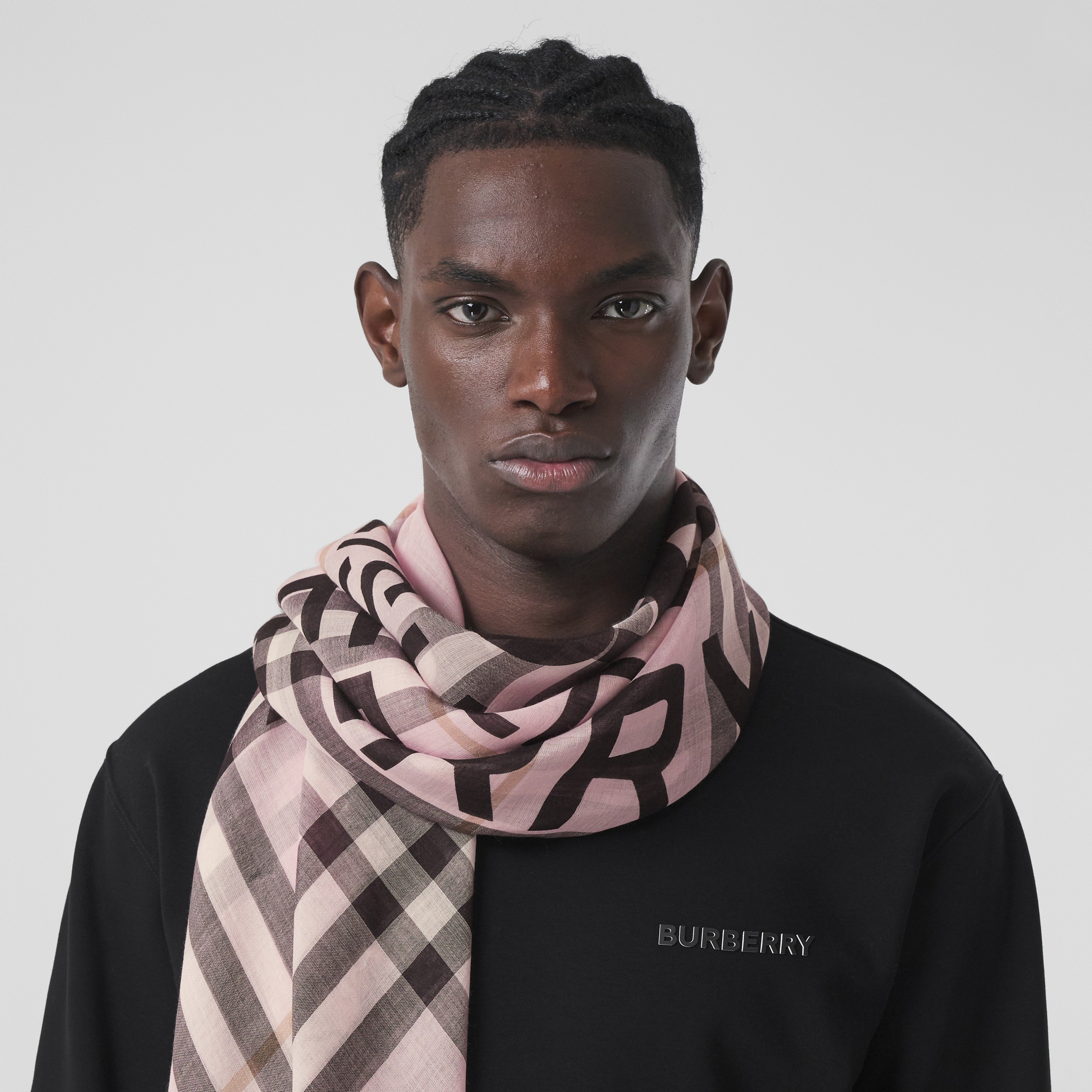 Horseferry Print Check Wool Silk Large Square Scarf in Pale Pink | Burberry® Official - 4