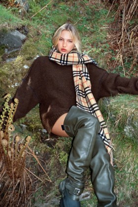 Model wearing Knit Dress, Knee High Boots and Burberry Check Scarf