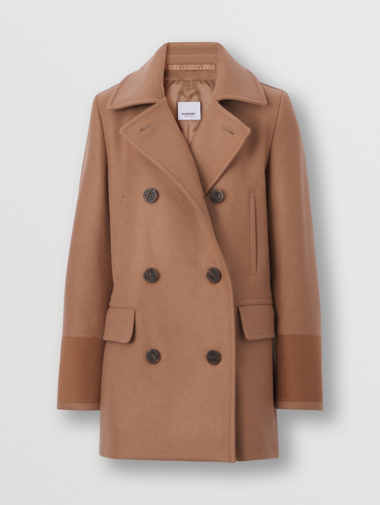 Embroidered Cuff Wool Pea Coat in Camel
