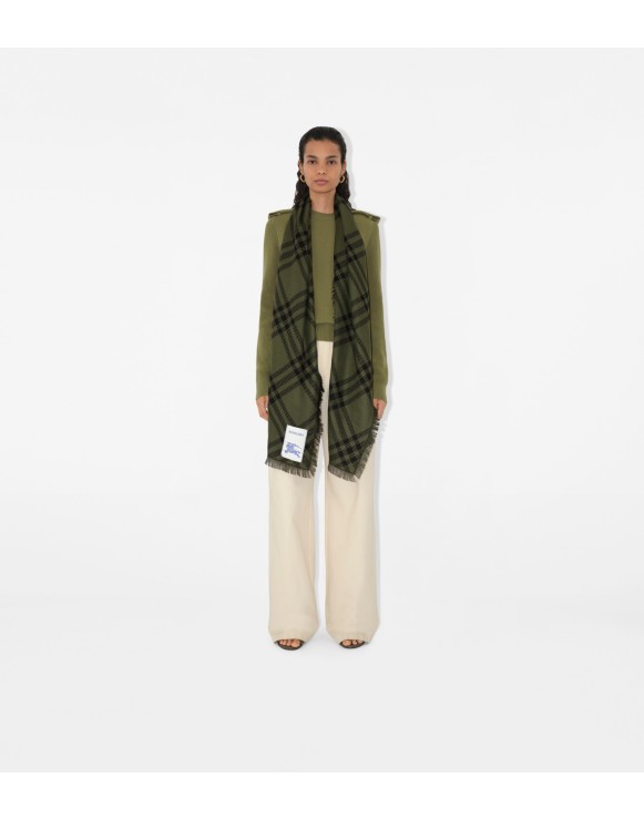 Wide Check Wool Silk Scarf