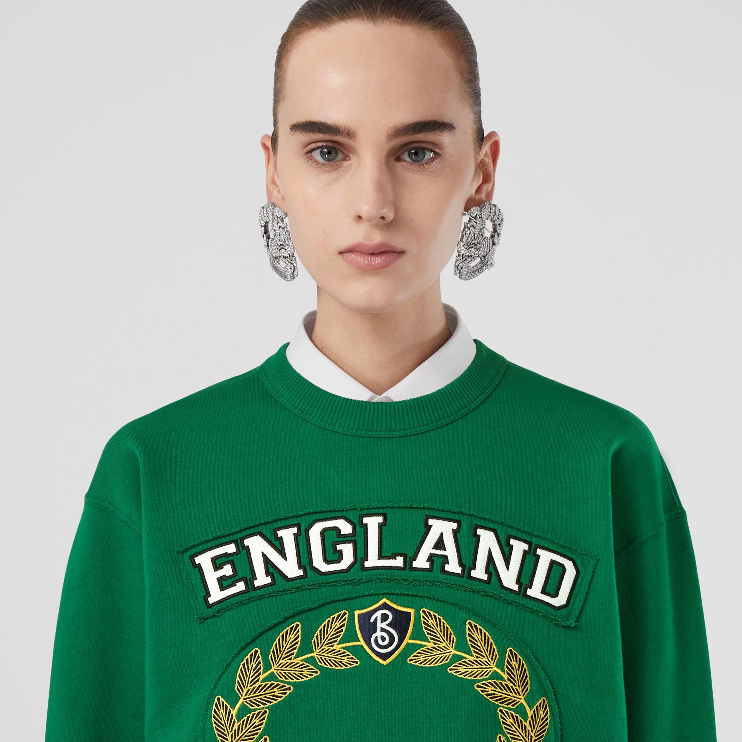 College Graphic Cotton Oversized Sweatshirt in Deep Pine Green - Women | Burberry® Official - 2