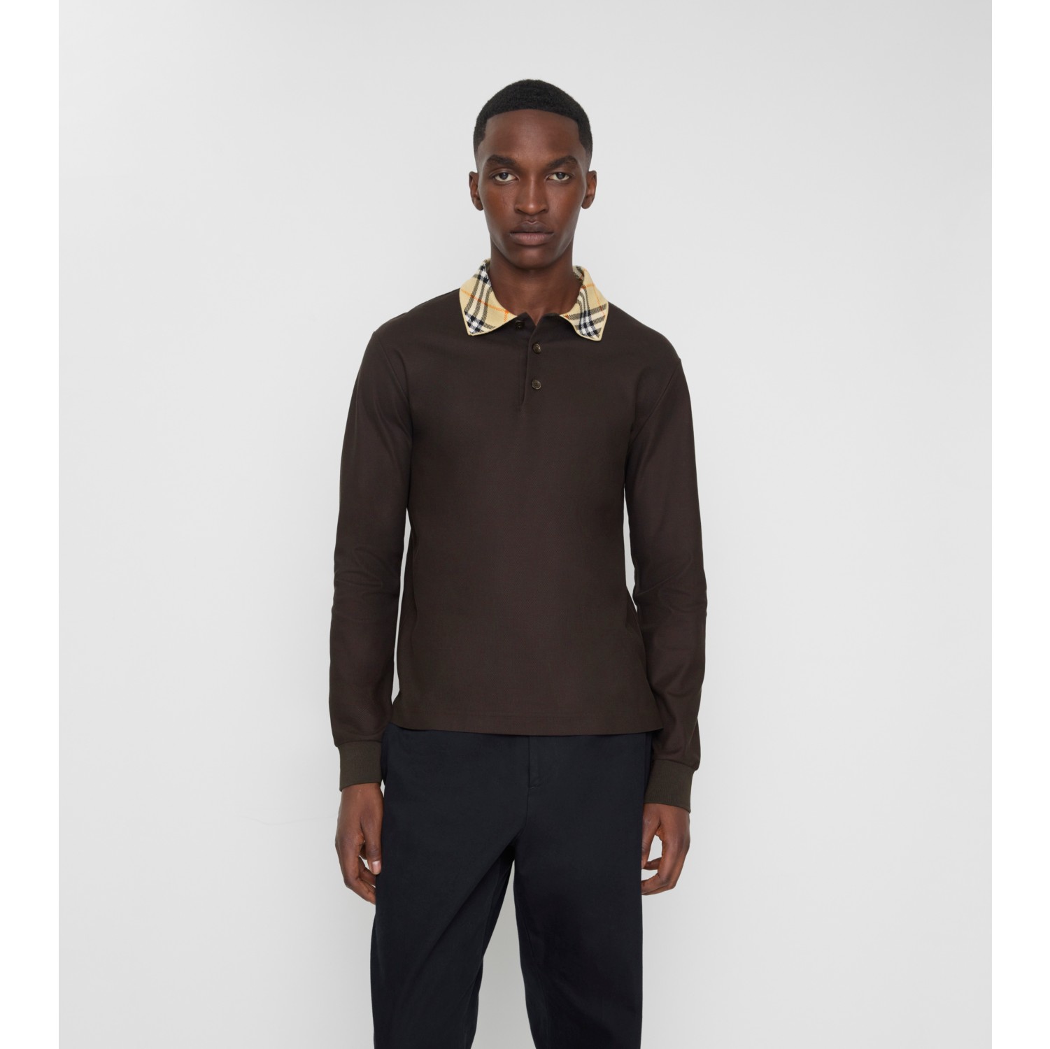 Long-sleeve Check Collar Cotton Polo Shirt
