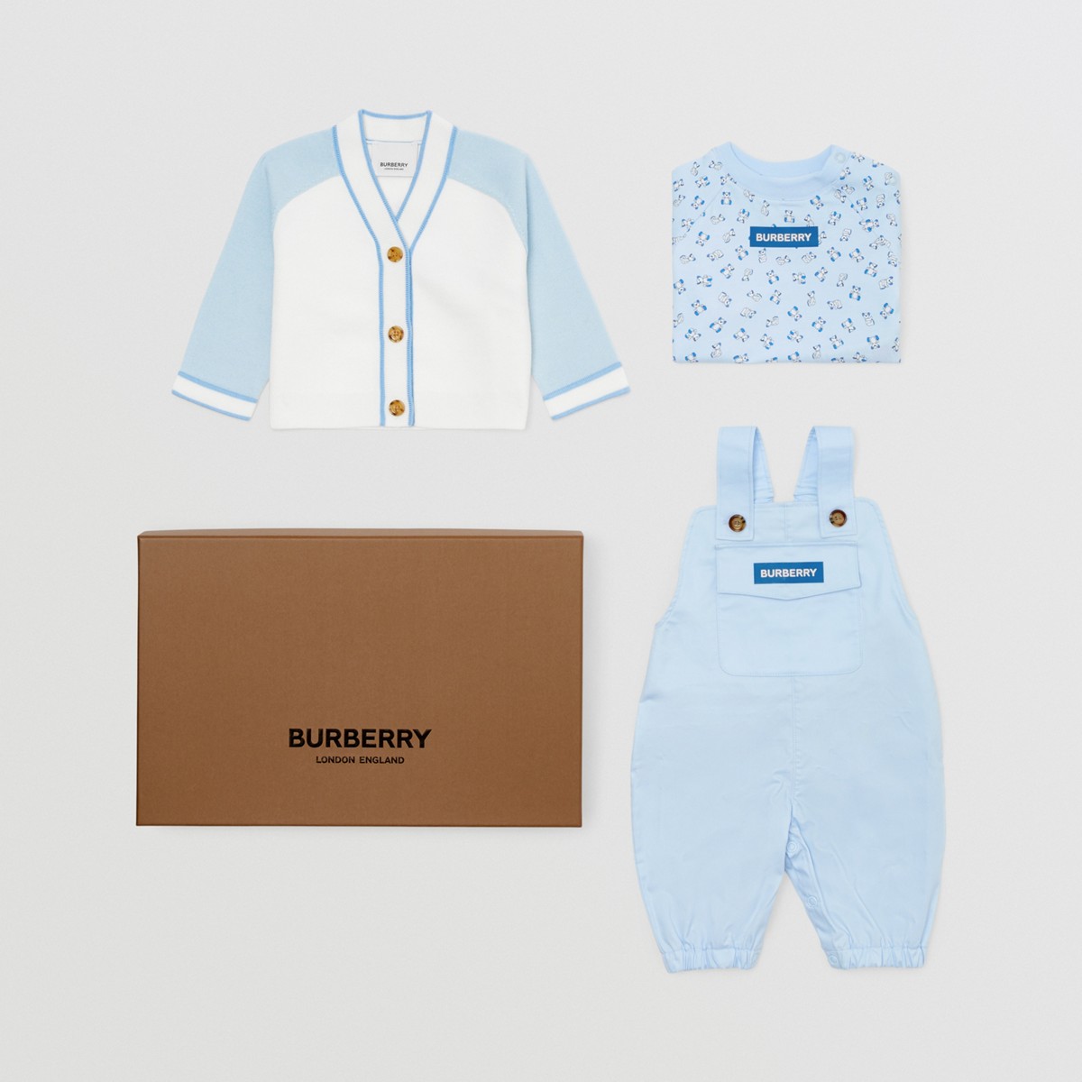 Burberry Childrens Thomas Bear Cotton Three-piece Baby Gift Set In Pale Blue
