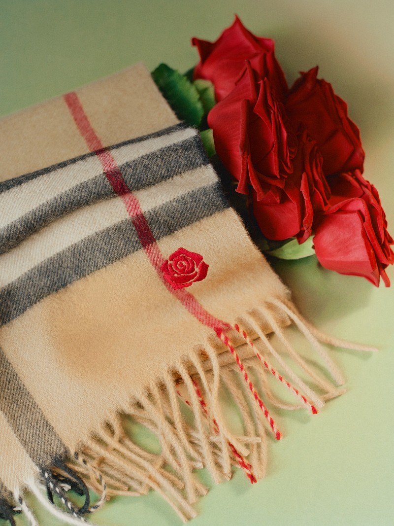 Burberry Festive Campaign featuring check scarf with icon embroidered personalisation. 