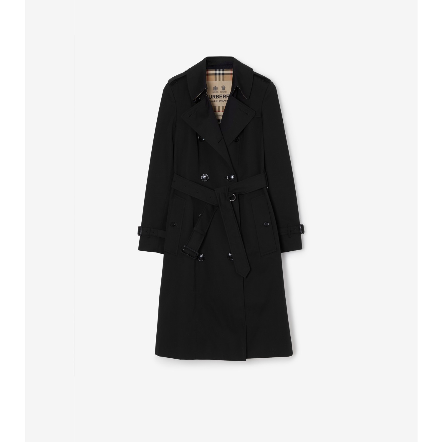 Long Chelsea Heritage Trench Coat in Black Women Cotton Gabardine Burberry Official