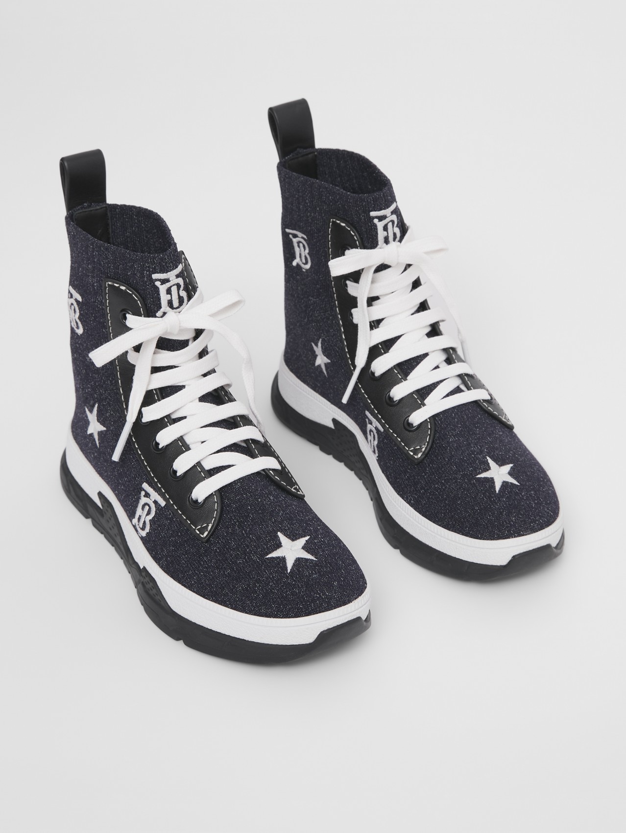 Star and Monogram Motif Stretch Knit Sock Sneakers in Blue Melange
