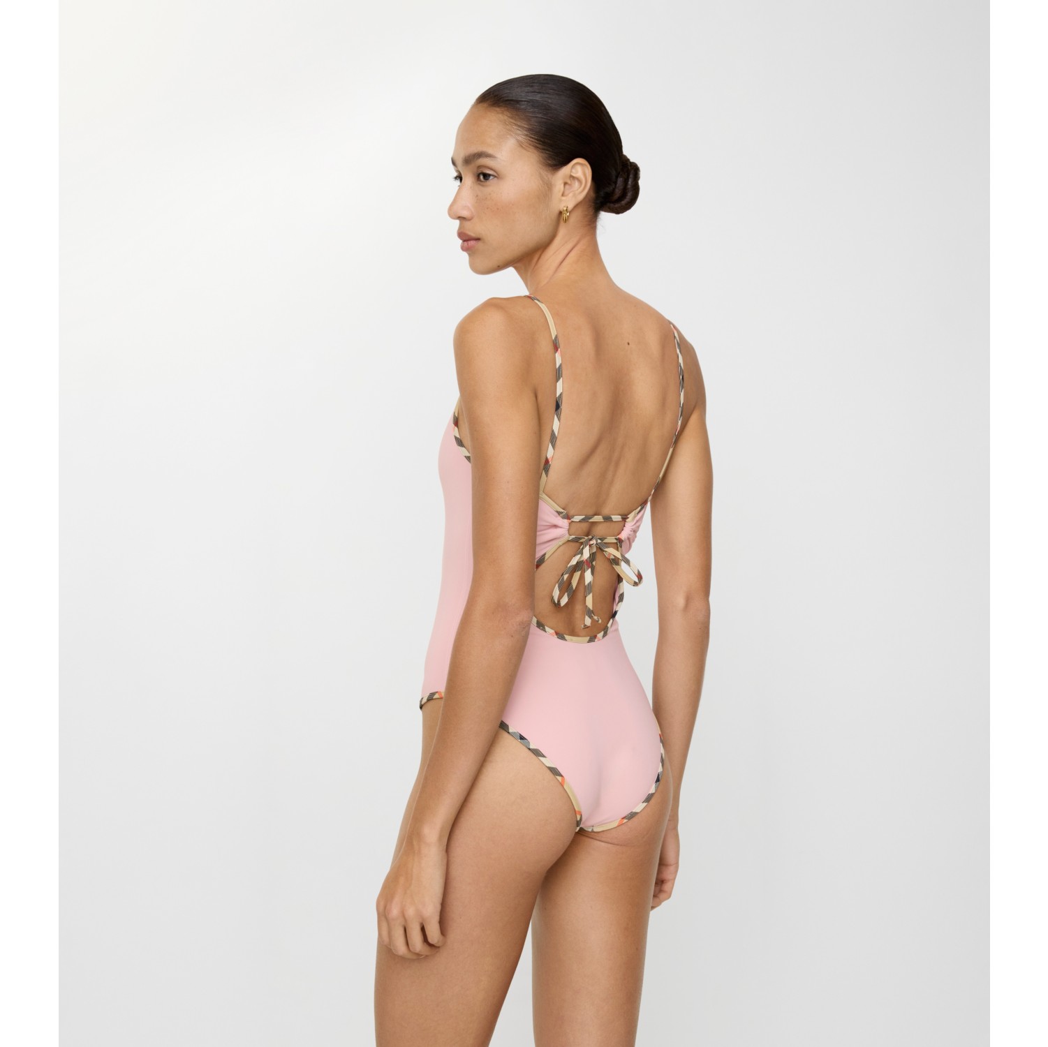 Check Trim Swimsuit in Begonia pink - Women, Wool | Burberry® Official