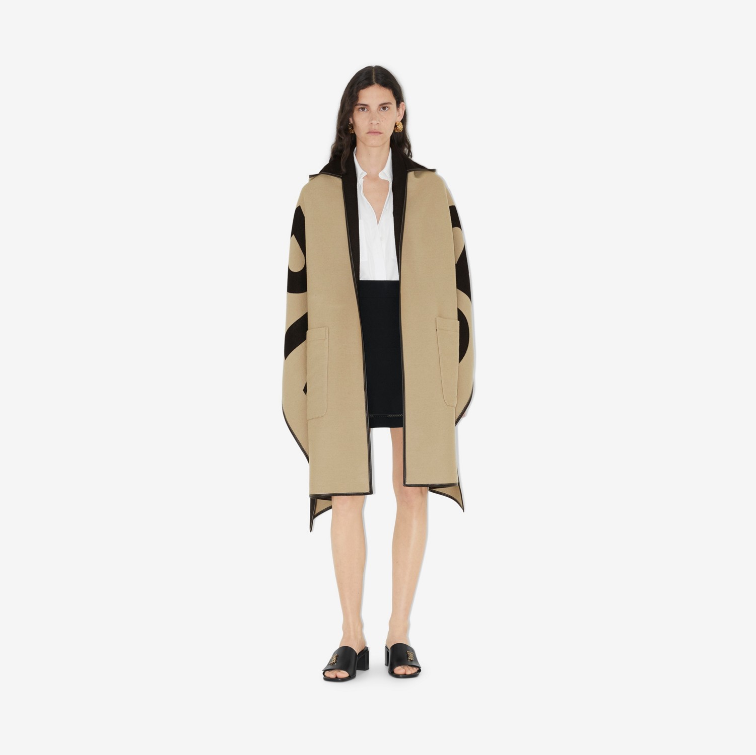 Logo Wool Cotton Jacquard Hooded Cape in Archive Beige | Burberry® Official