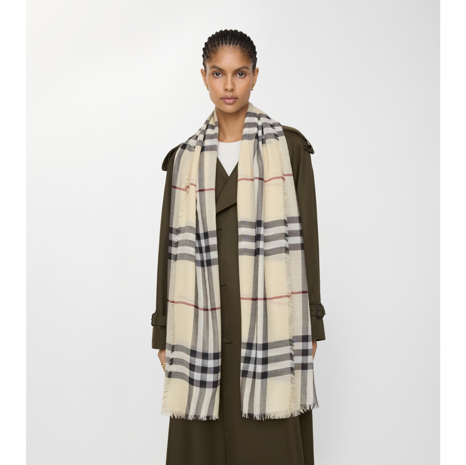 Wide Check Wool Scarf in Stone | Burberry® Official