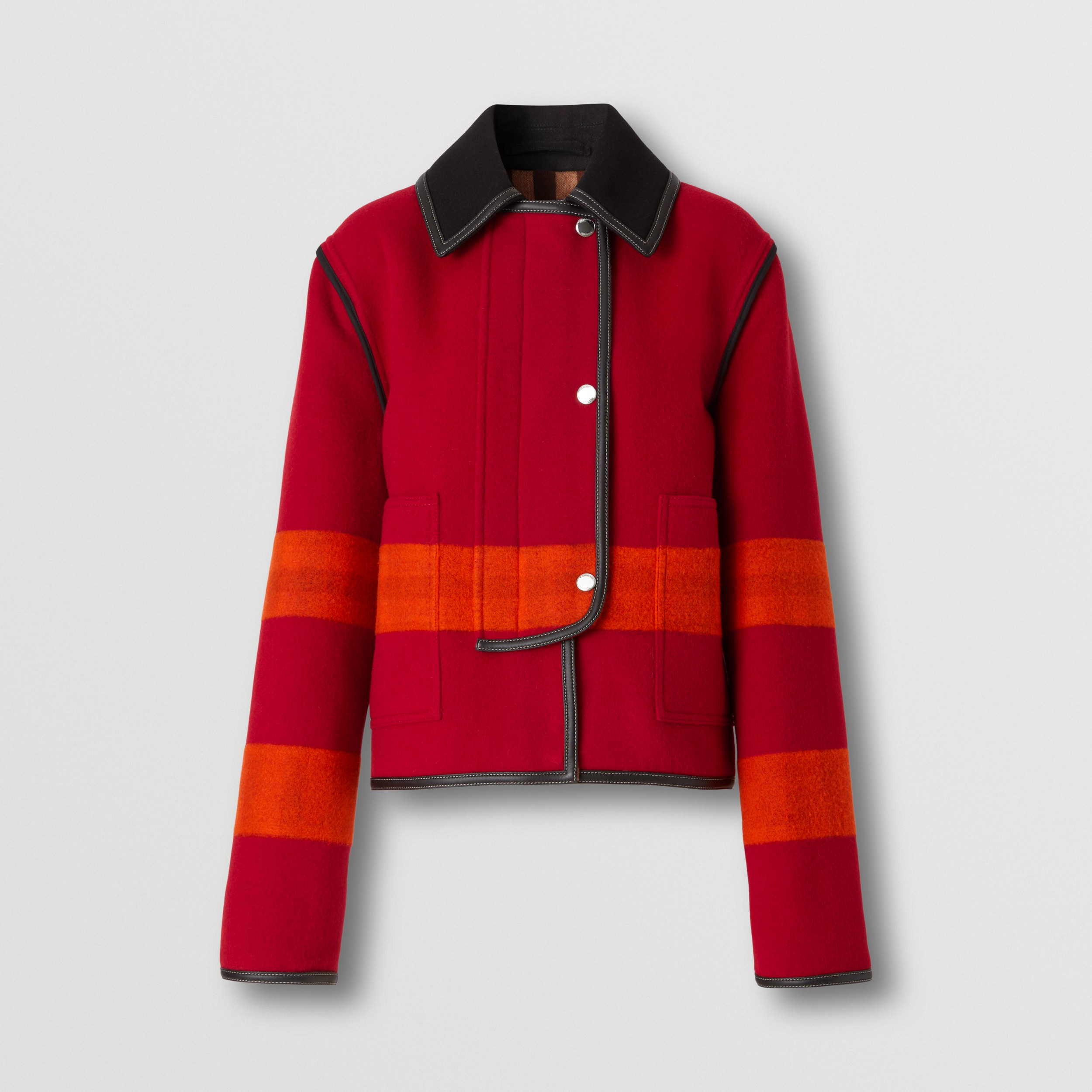 Leather Trim Striped Wool Jacket in Bright Red/dark Birch Brown - Women | Burberry® Official - 4