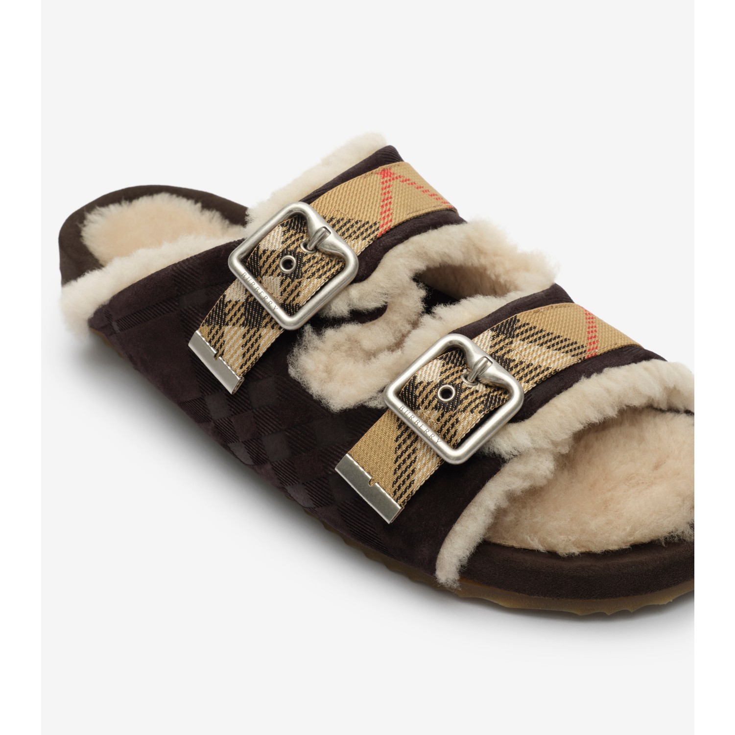 【新品未使用品】Burberry ムートンファーサンダル サイズ43 チェック シアリング アーチンサンダル (ムーアヘンブラウン) - メンズ