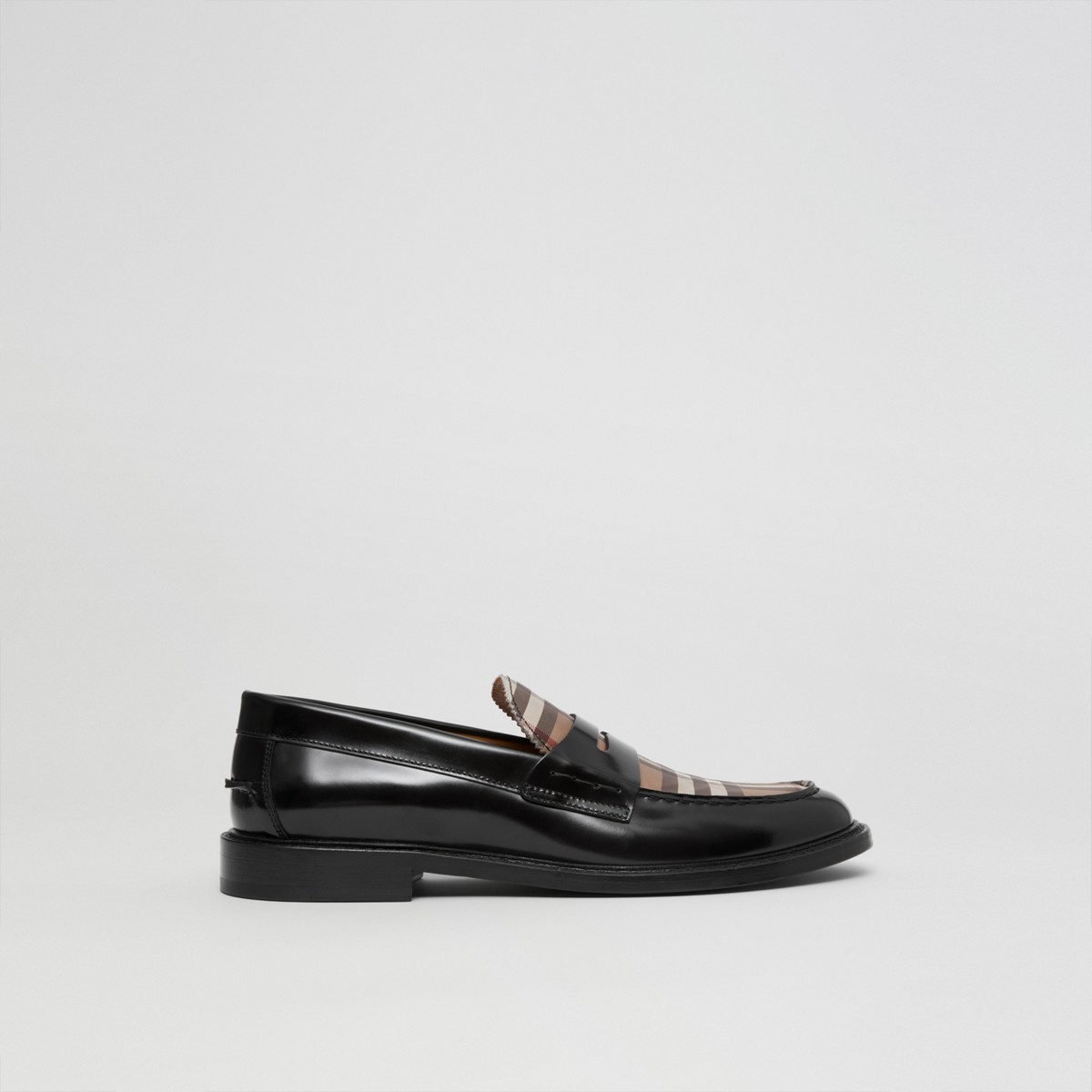 Shop Burberry Vintage Check Panel Leather Penny Loafer In Black