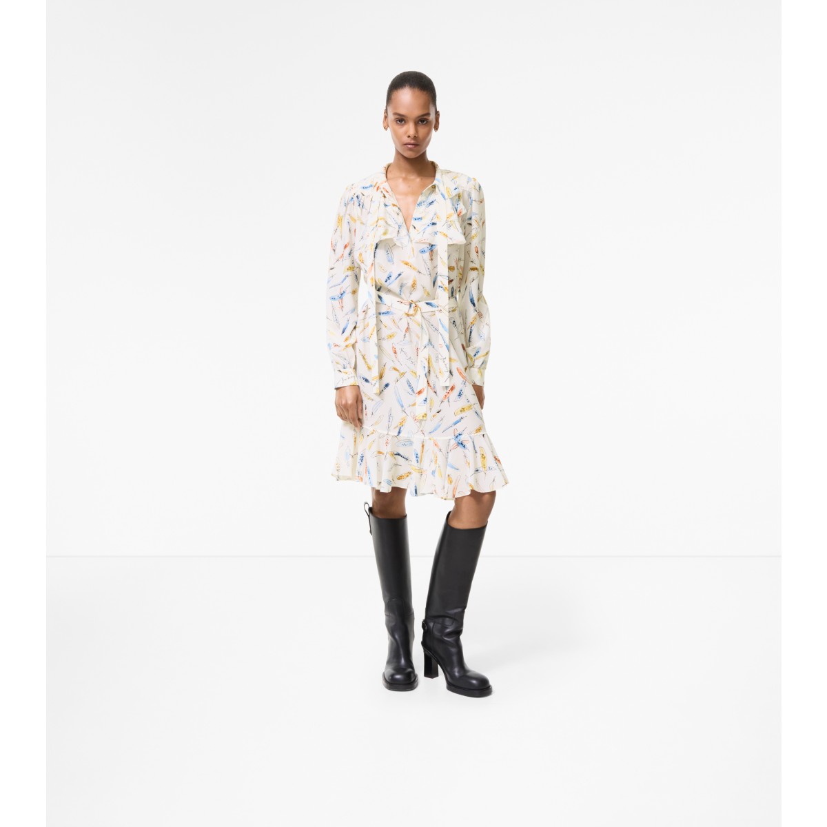  Printed Ruffled Feather Print Dress