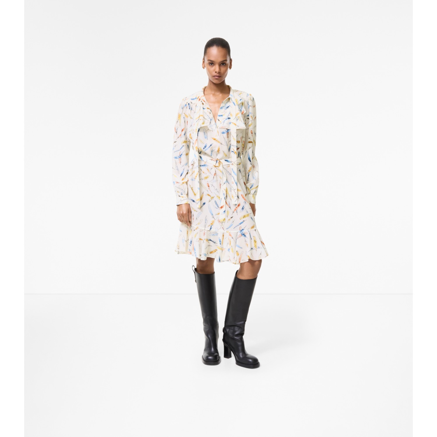 Ruffled Feather Print Silk Dress - thumbnail 2