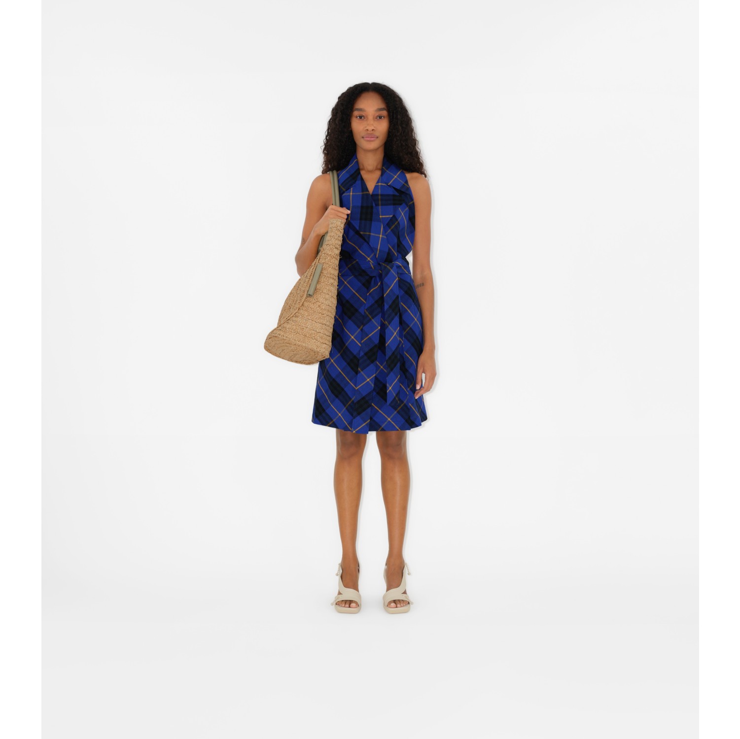 Check Linen Dress in Bright navy Women Cotton Burberry Official