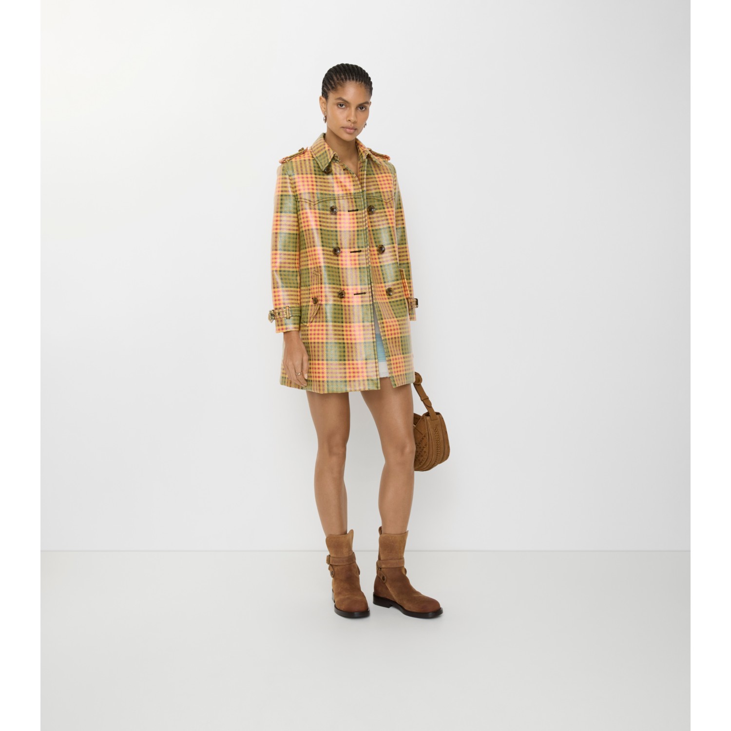 Short Check Coated Raffia-effect Summerside Trench Coat - thumbnail 3