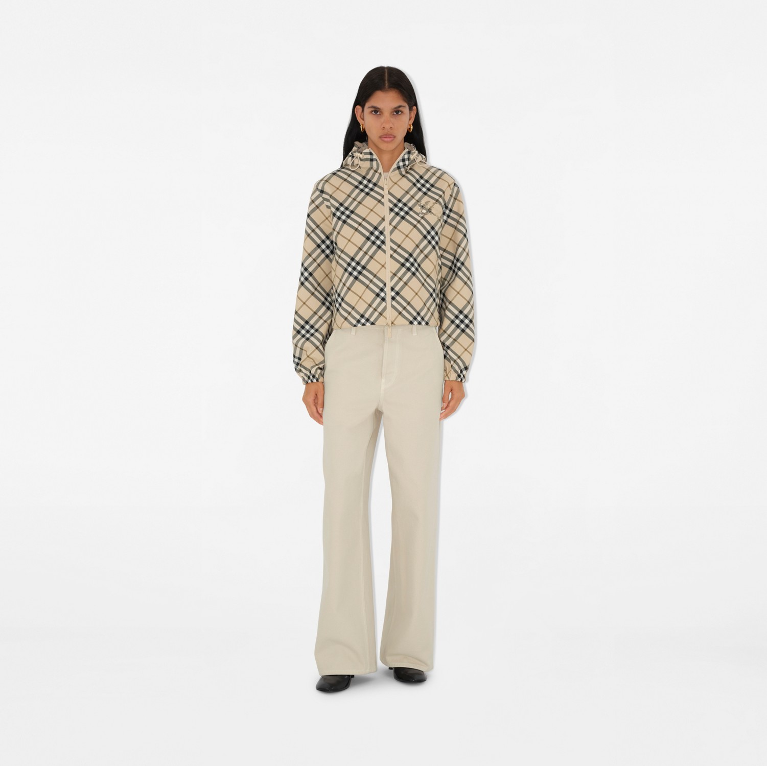 Cropped Reversible Check Jacket in Ecru - Women, Nylon Cropped Reversible Check Jacket in Ecru - Women, Nylon