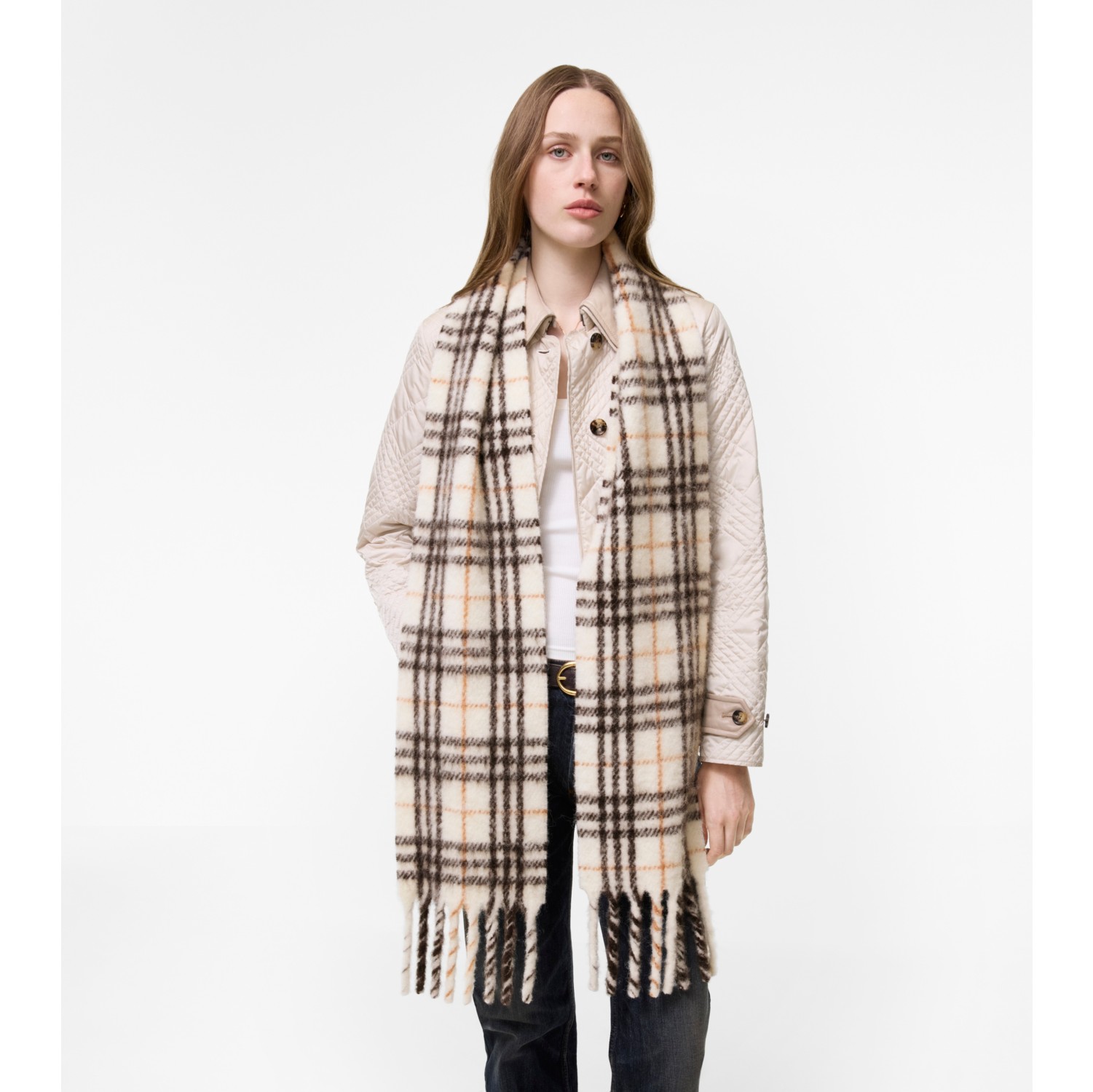 Narrow Check Alpaca Wool Blend Scarf in Pebble grey | Burberry® Official
