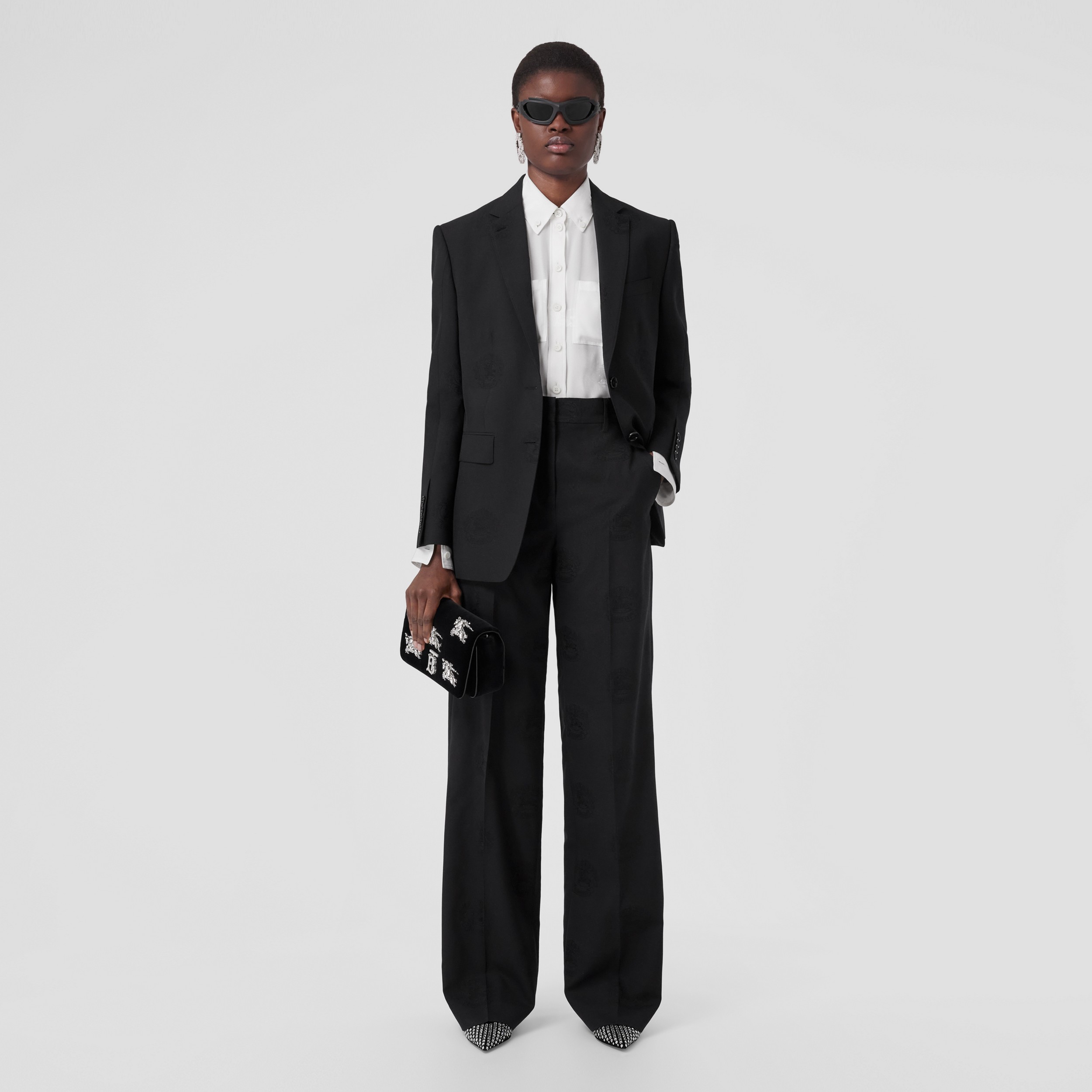 Custom Fit EKD Wool Cotton Jacquard Wide-leg Trousers in Black - Women | Burberry® Official - 1