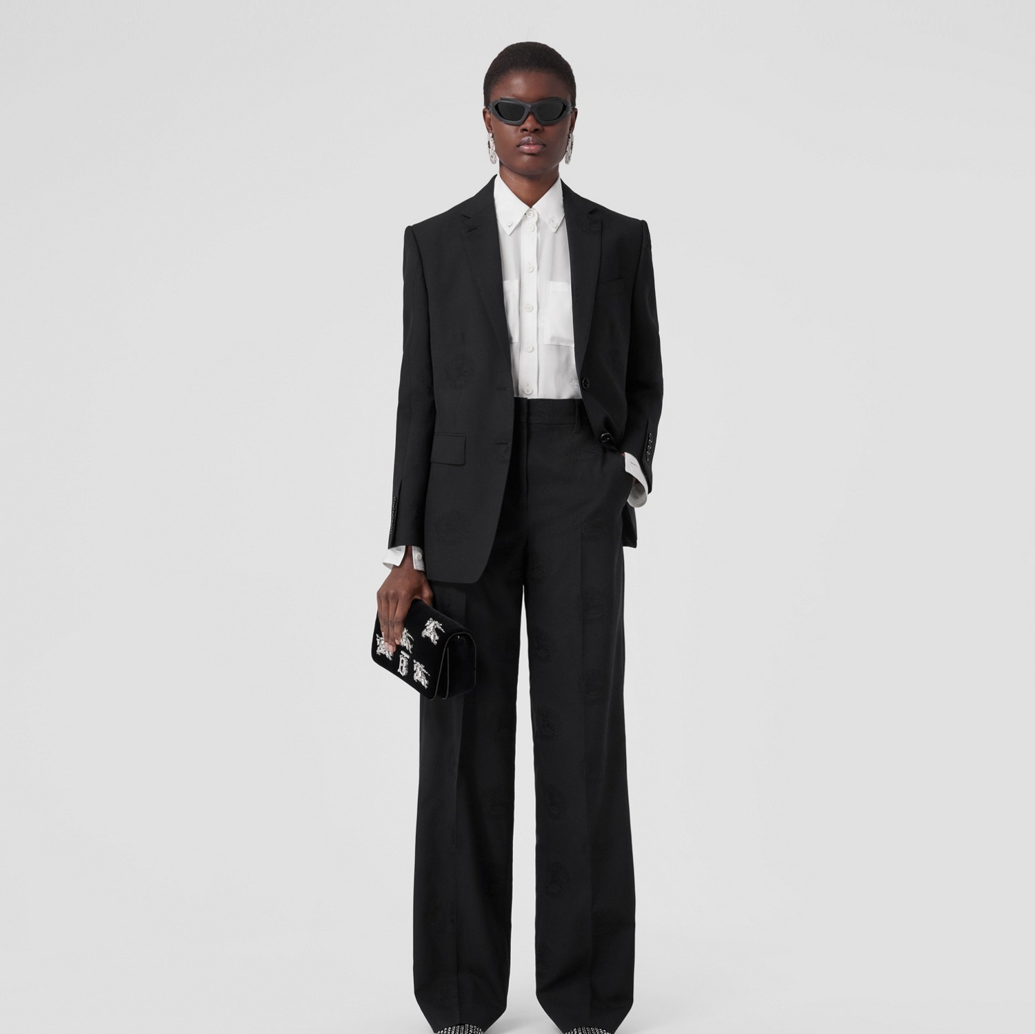 Custom Fit EKD Wool Cotton Jacquard Wide-leg Trousers in Black - Women | Burberry® Official