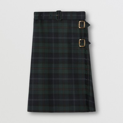 Pleated Panel Check Wool Belted Kilt