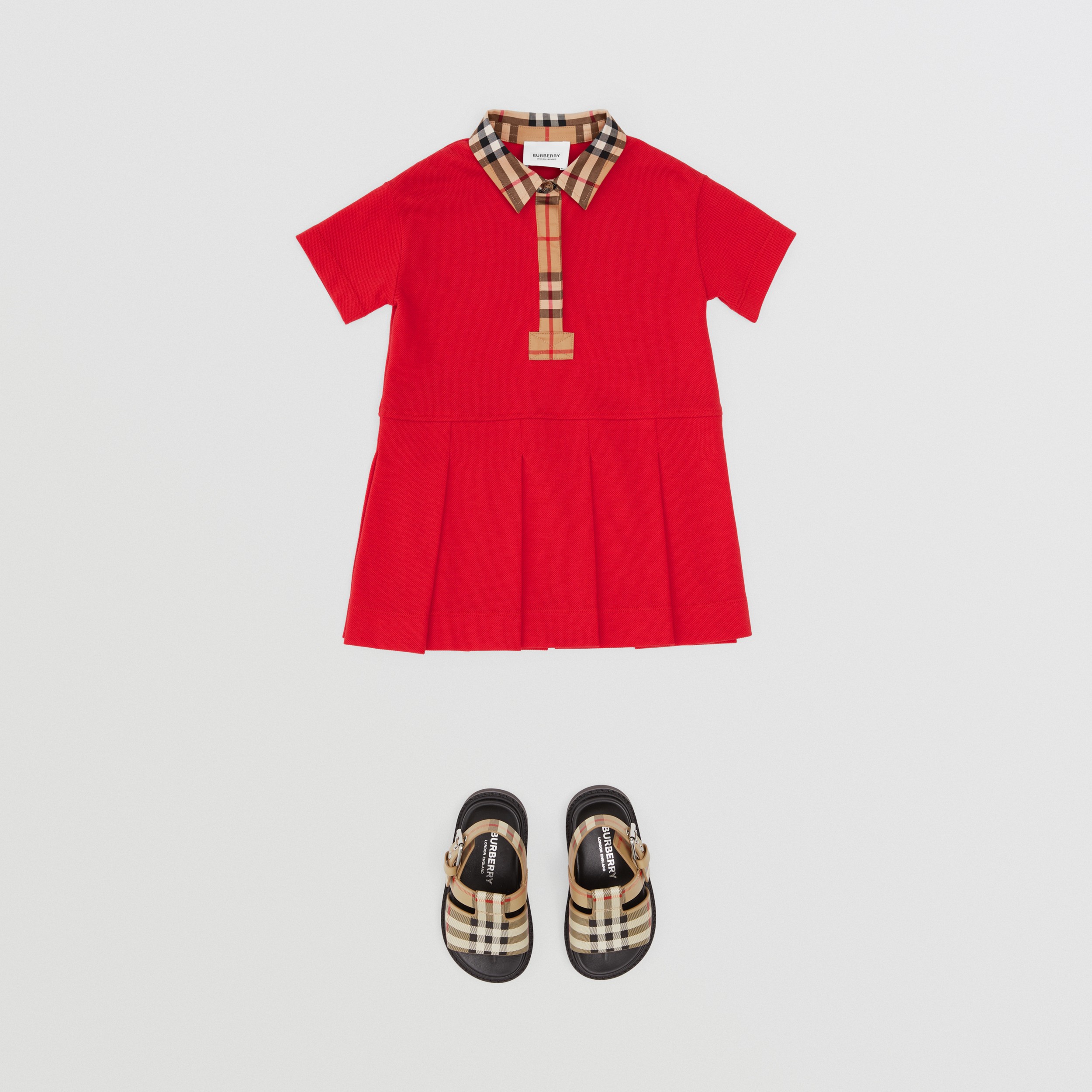 Vintage 格纹装饰棉质珠地布 Polo 衫式连衣裙 (亮红色) - 儿童 | Burberry® 博柏利官网 - 3