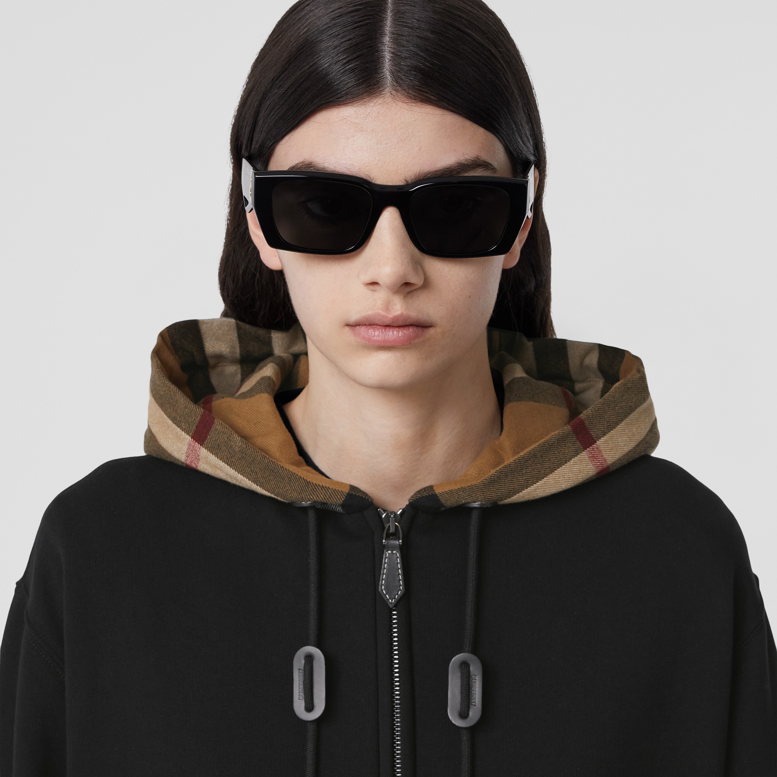 Check Hood Cotton Oversized Hooded Top in Black - Women | Burberry® Official - 2