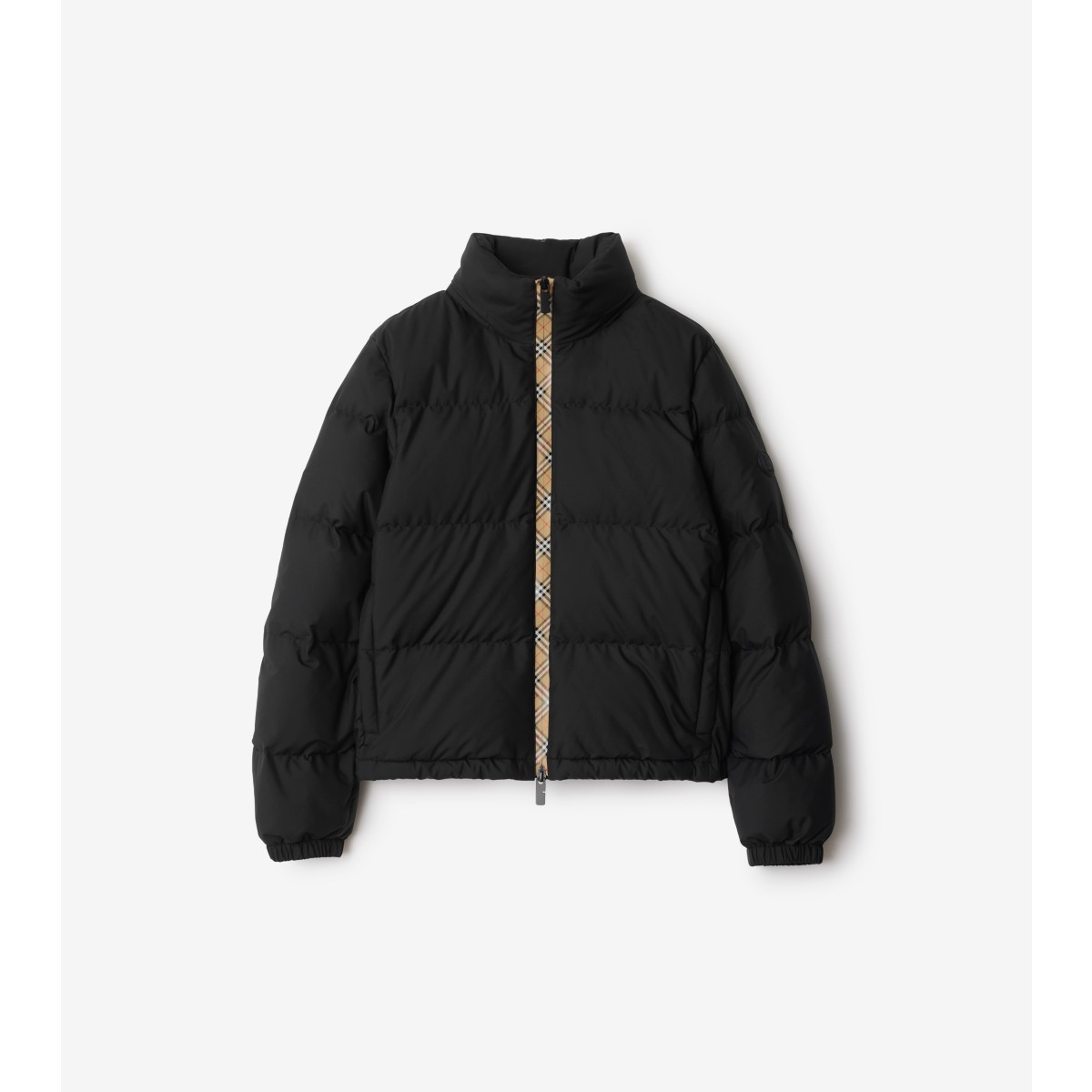 Burberry Zip Up Puffer Jacket Featuring Check Detail In Black