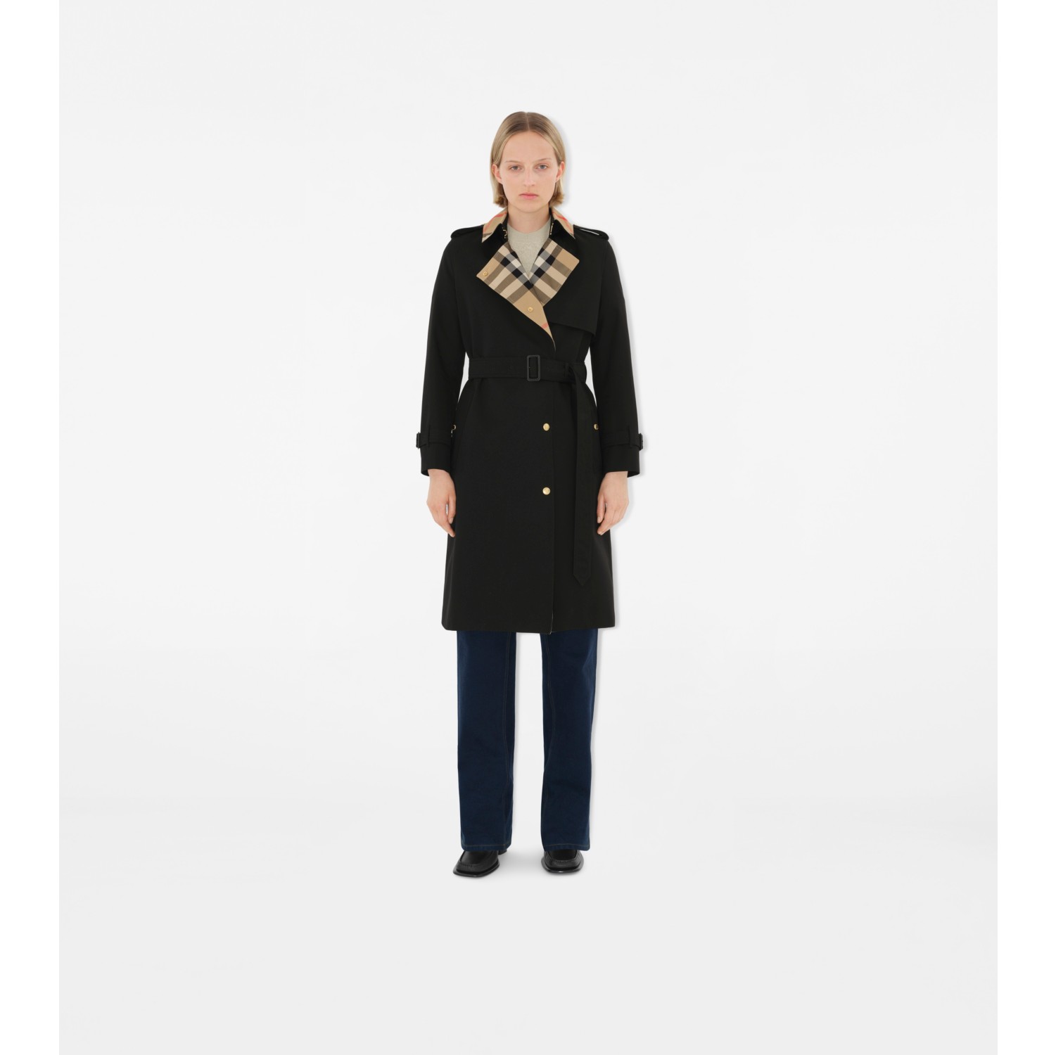 Long Check Collar Gabardine Trench Coat