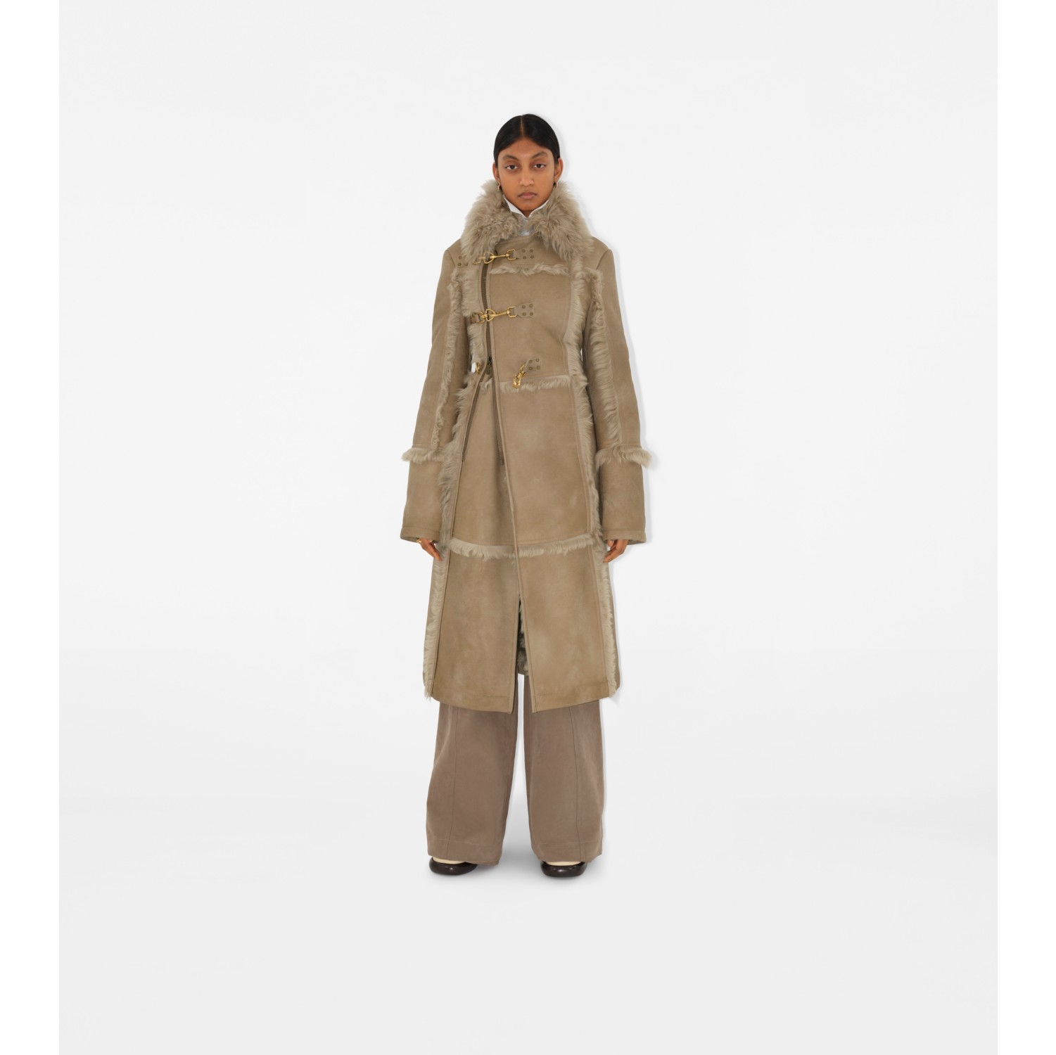 Shearling Coat in Field Women Burberry Official