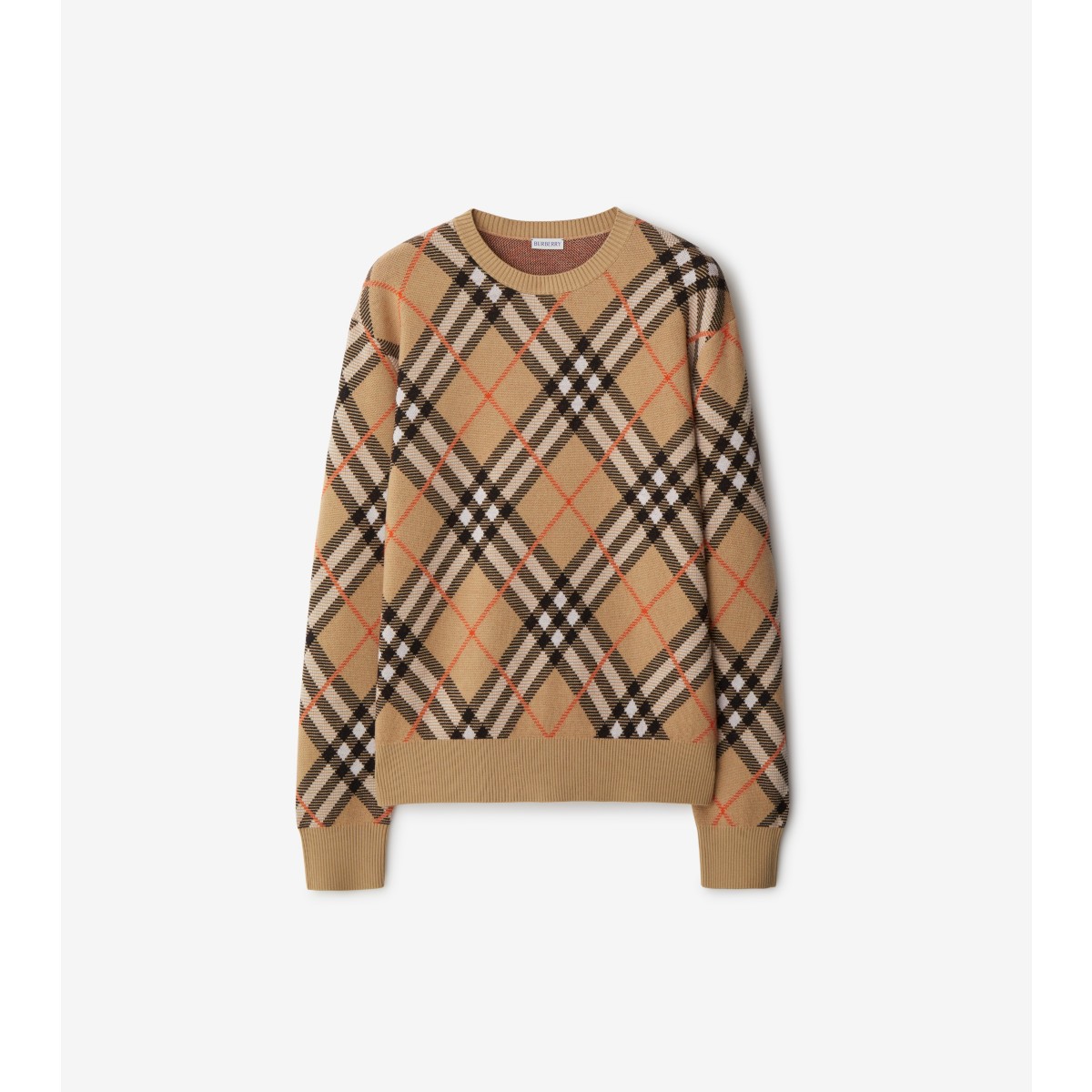 Burberry Beige Crewneck Sweater With Check Motif In Wool And Mohair Woman In Sand